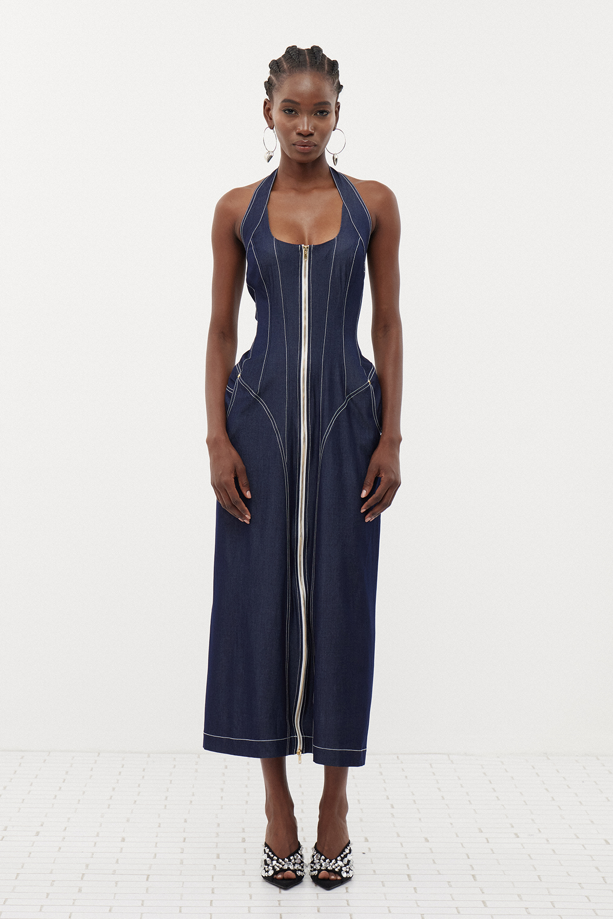 Cirillo Halter Neck Corset Denim Maxi Dress
