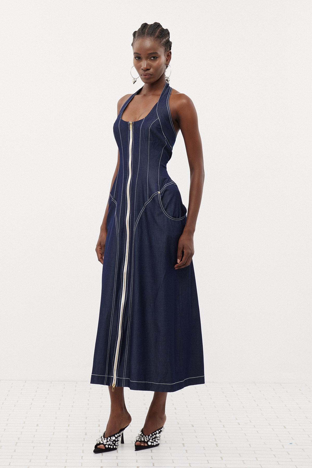 Cirillo Halter Neck Corset Denim Maxi Dress