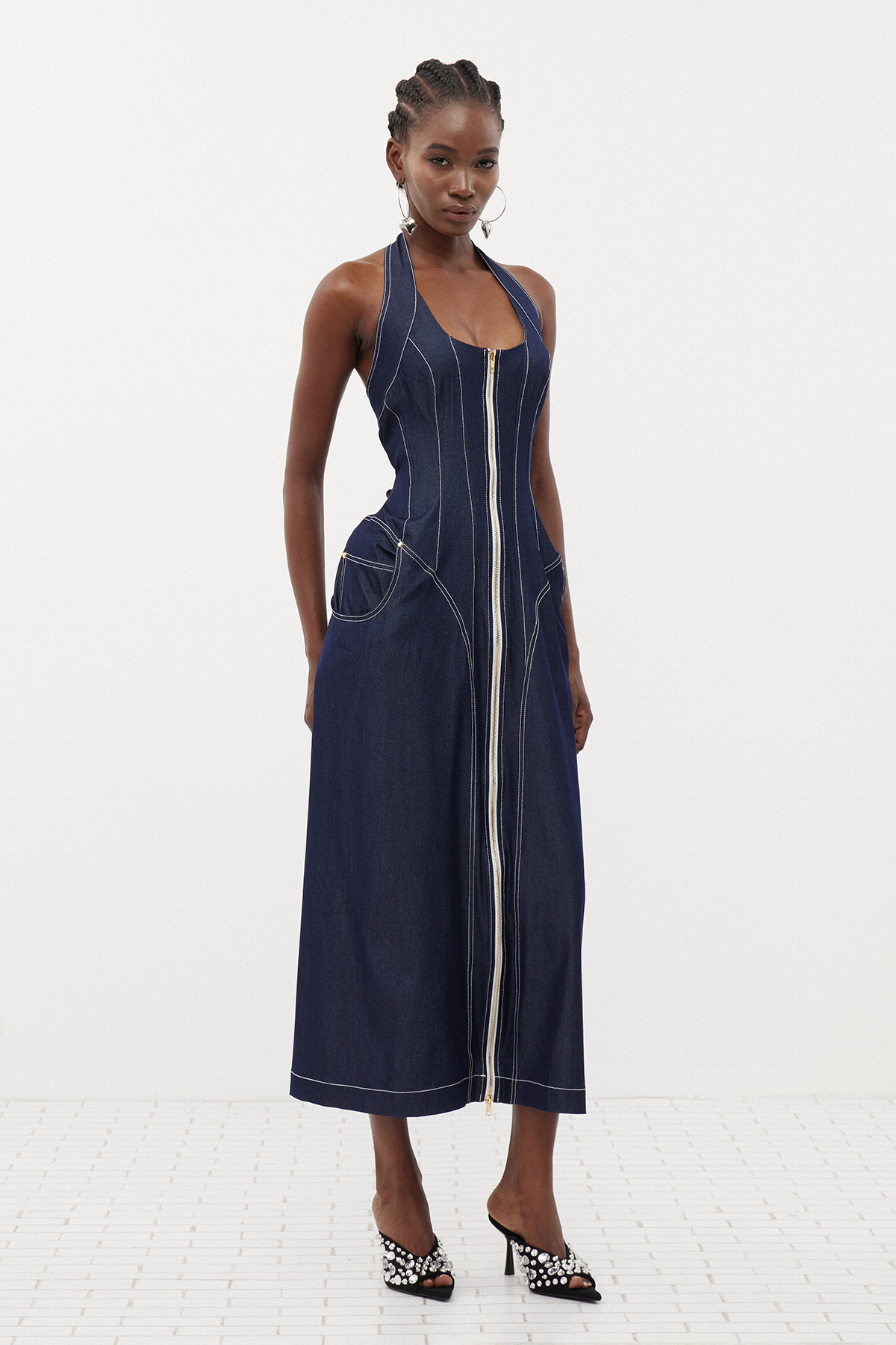 Cirillo Halter Neck Corset Denim Maxi Dress