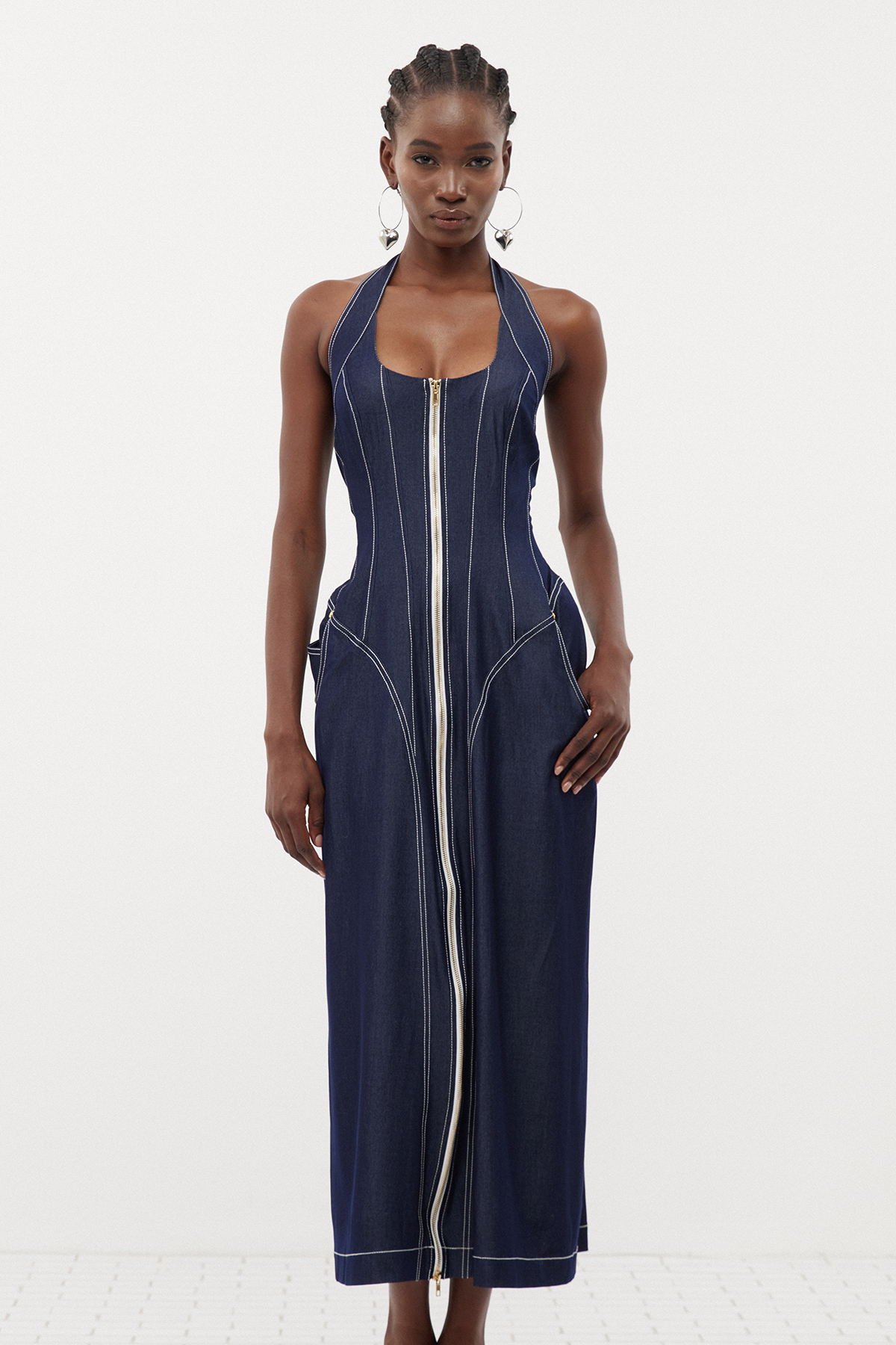 Cirillo Halter Neck Corset Denim Maxi Dress