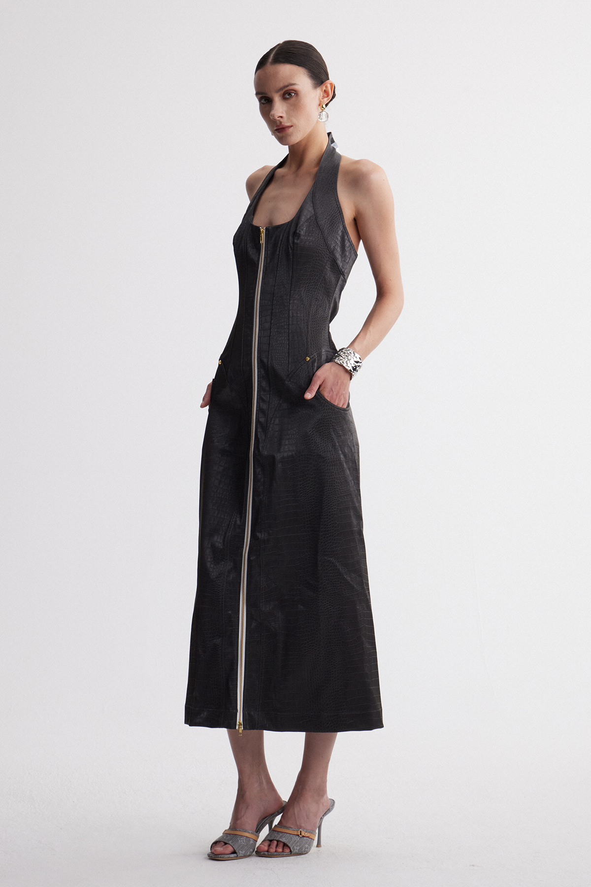 Cirillo Halter Neck Leather Maxi Dress