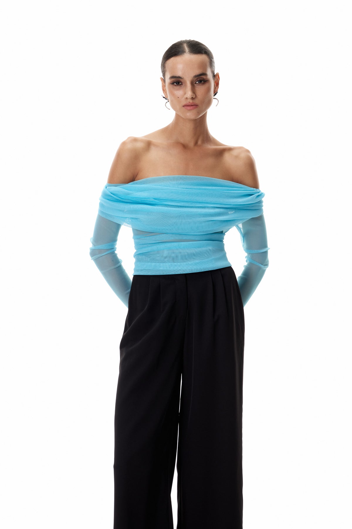 Clement Off Shoulder Ruch Mesh Top In Blue