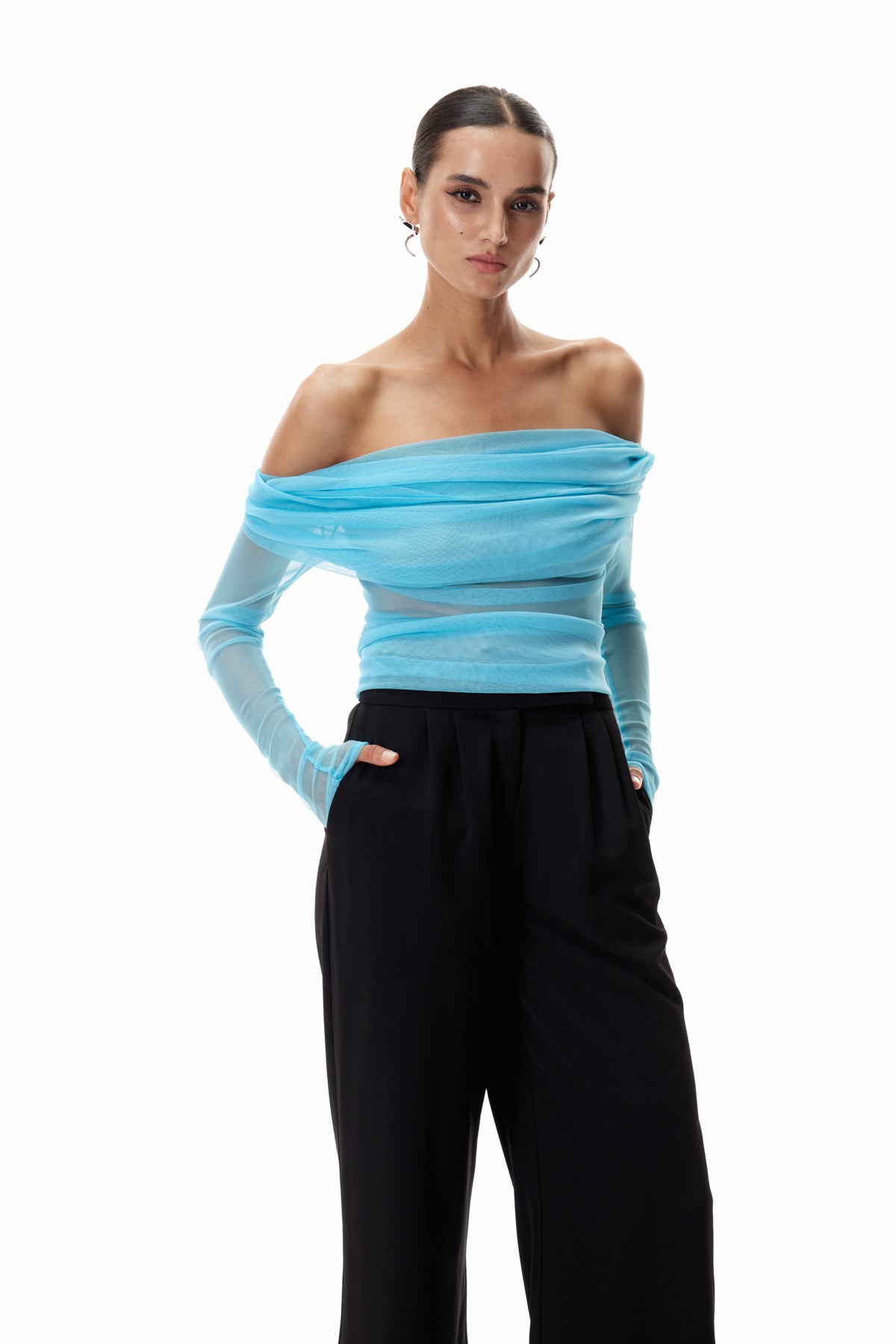 Clement Off Shoulder Ruch Mesh Top In Blue