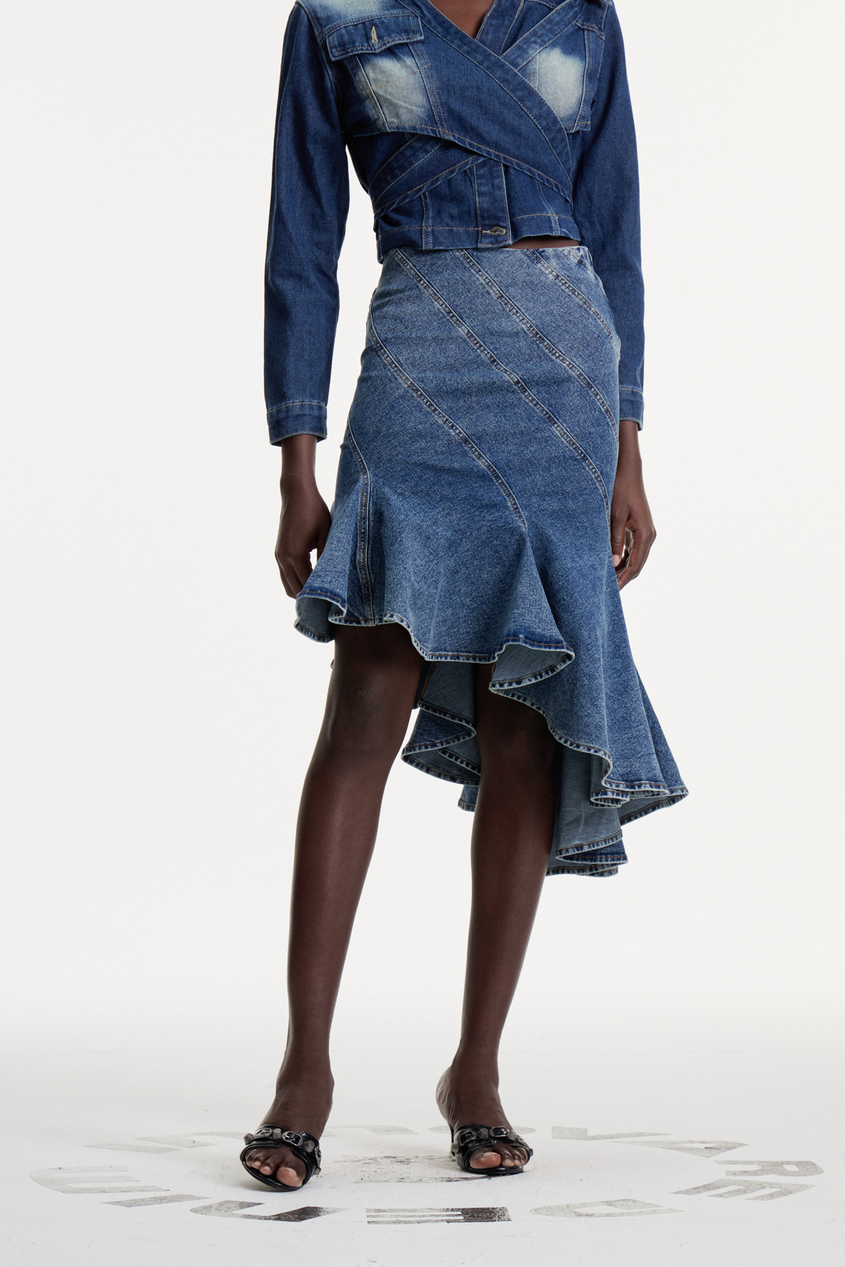 Colobert Asymmetric Ruffle Denim Midi Skirt