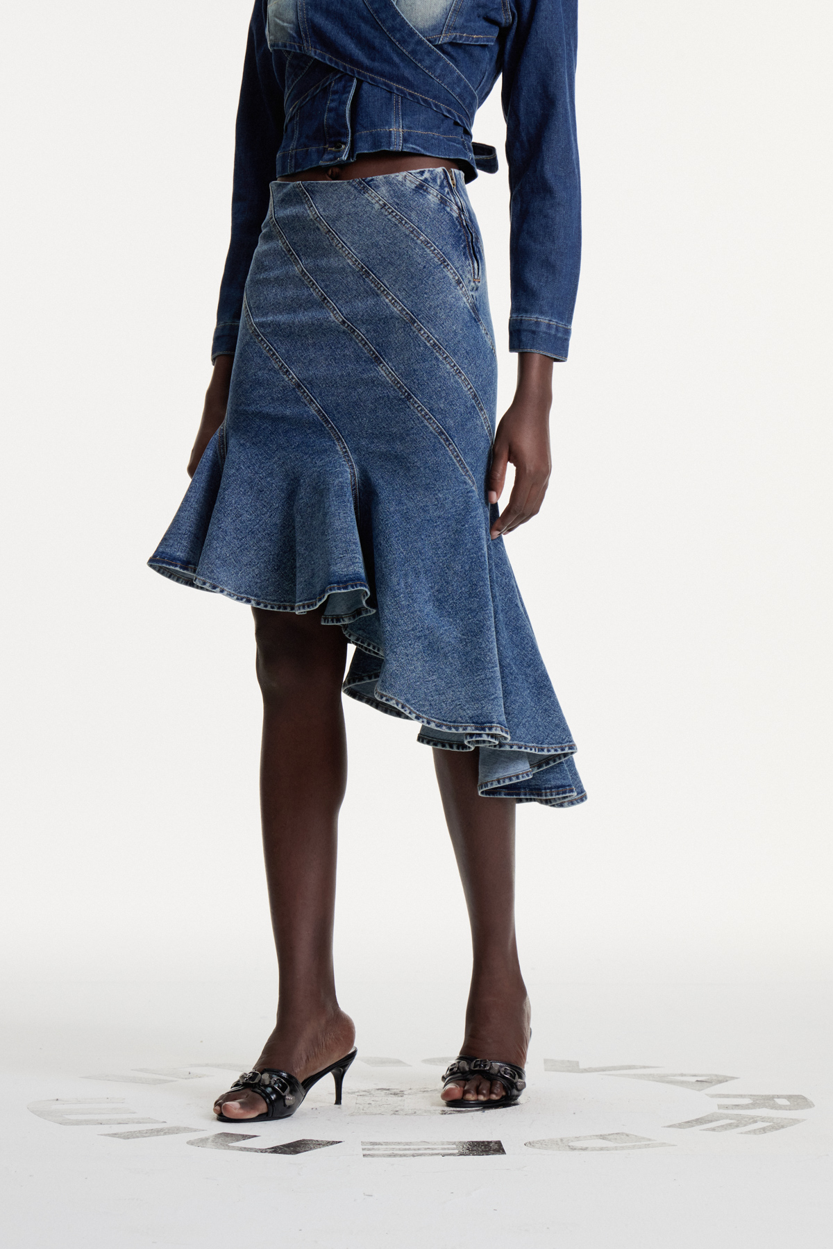 Colobert Asymmetric Ruffle Denim Midi Skirt