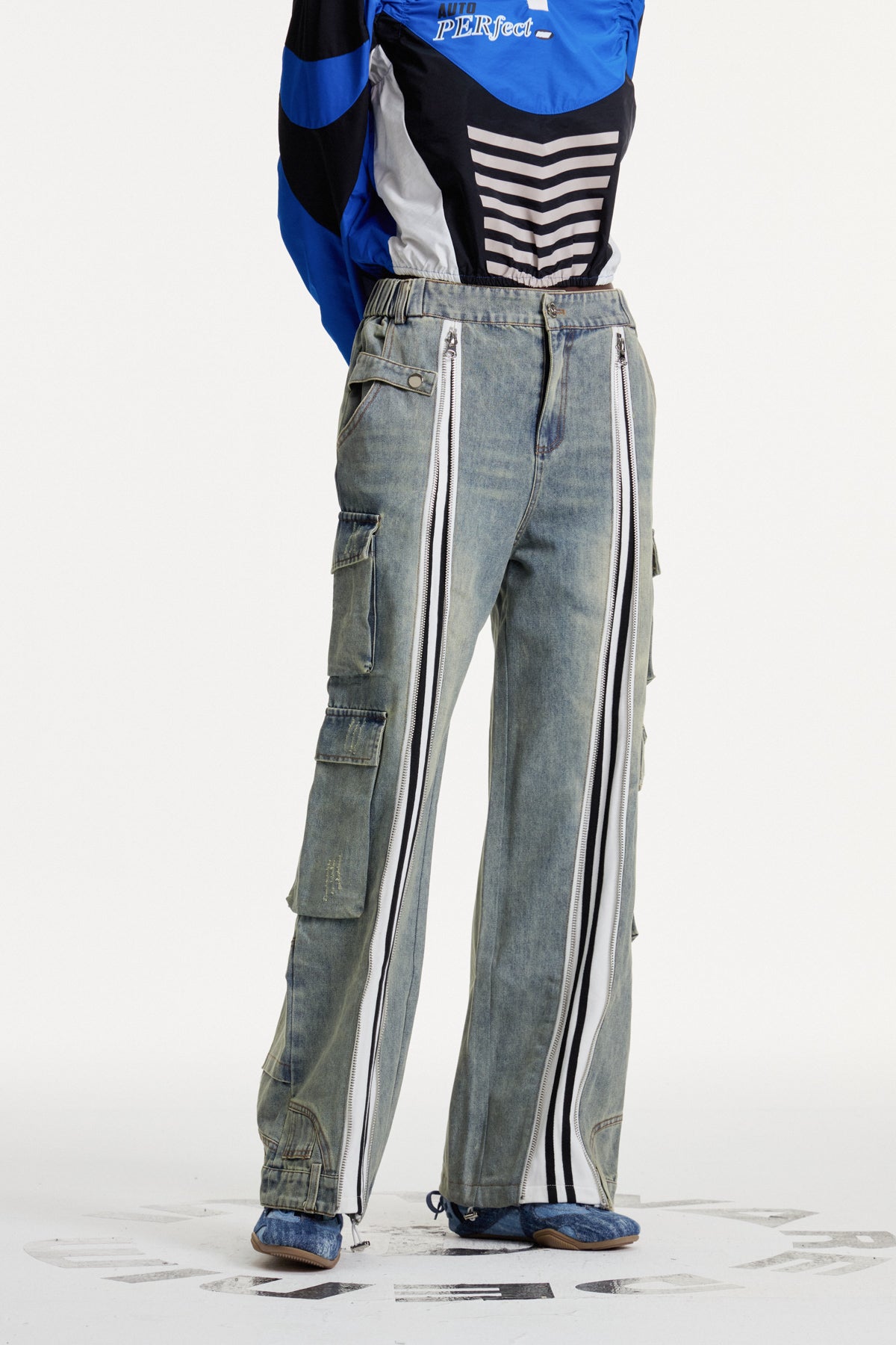 Colomba Zipper Stripe Cargo Jeans In Blue