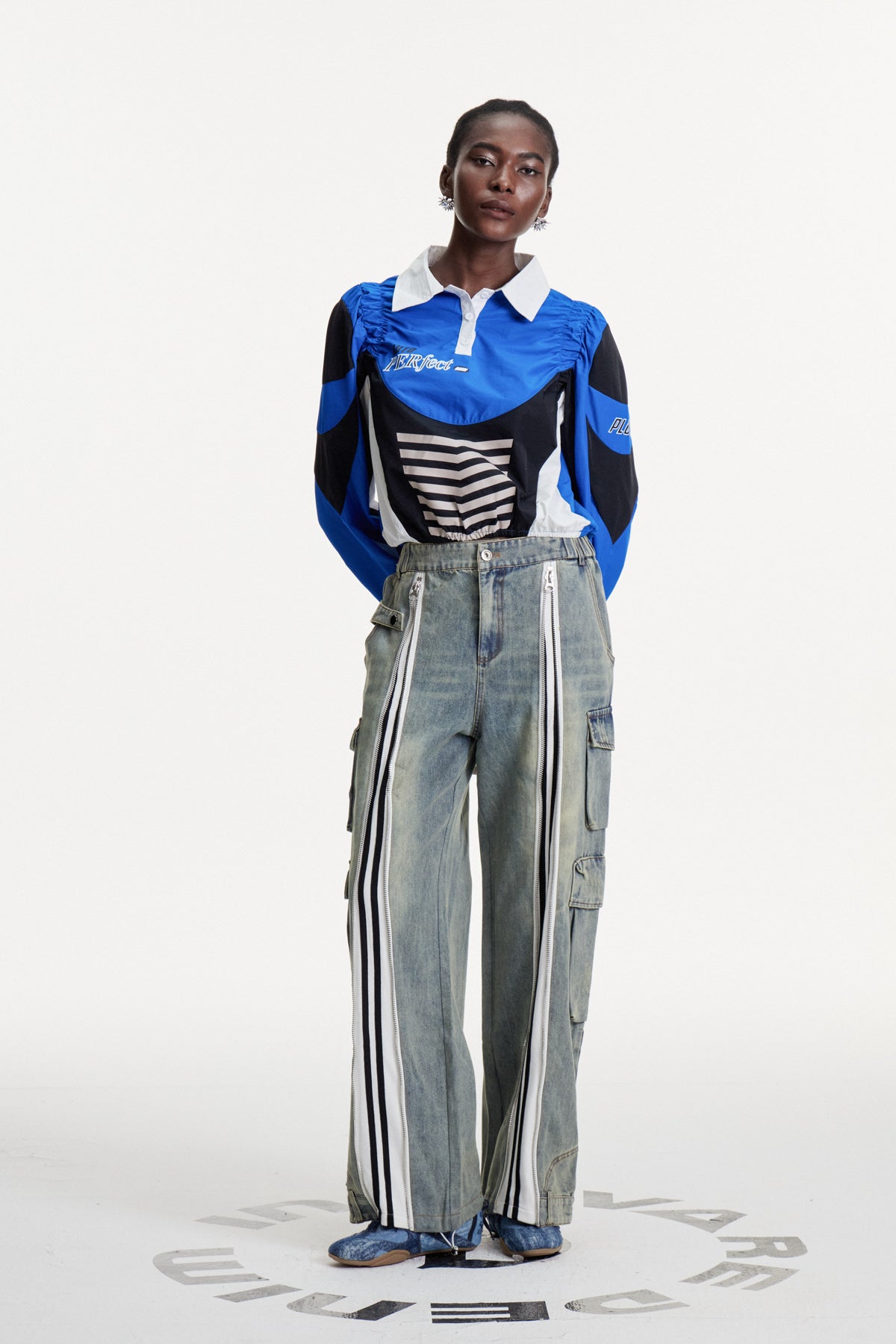 Colomba Zipper Stripe Cargo Jeans In Blue