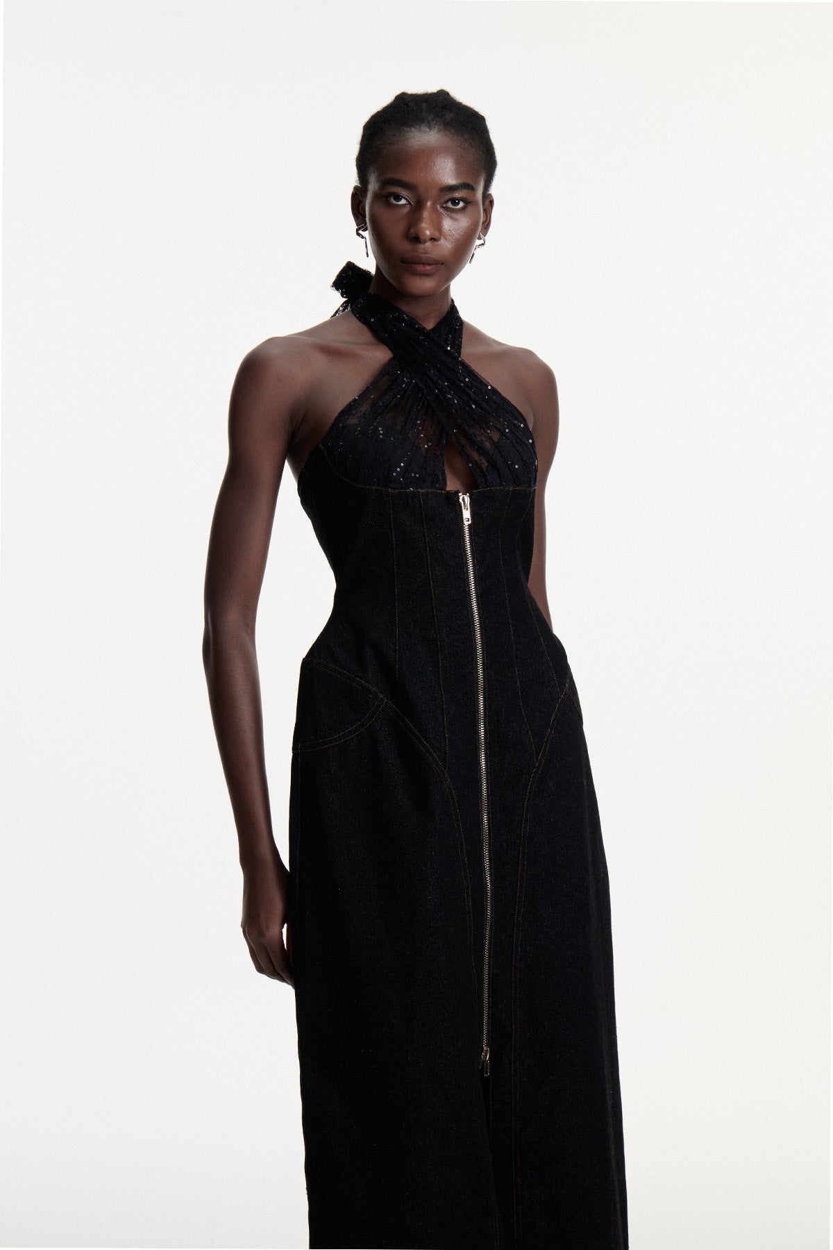 Connell Sequin Halter Neck Denim Maxi Dress