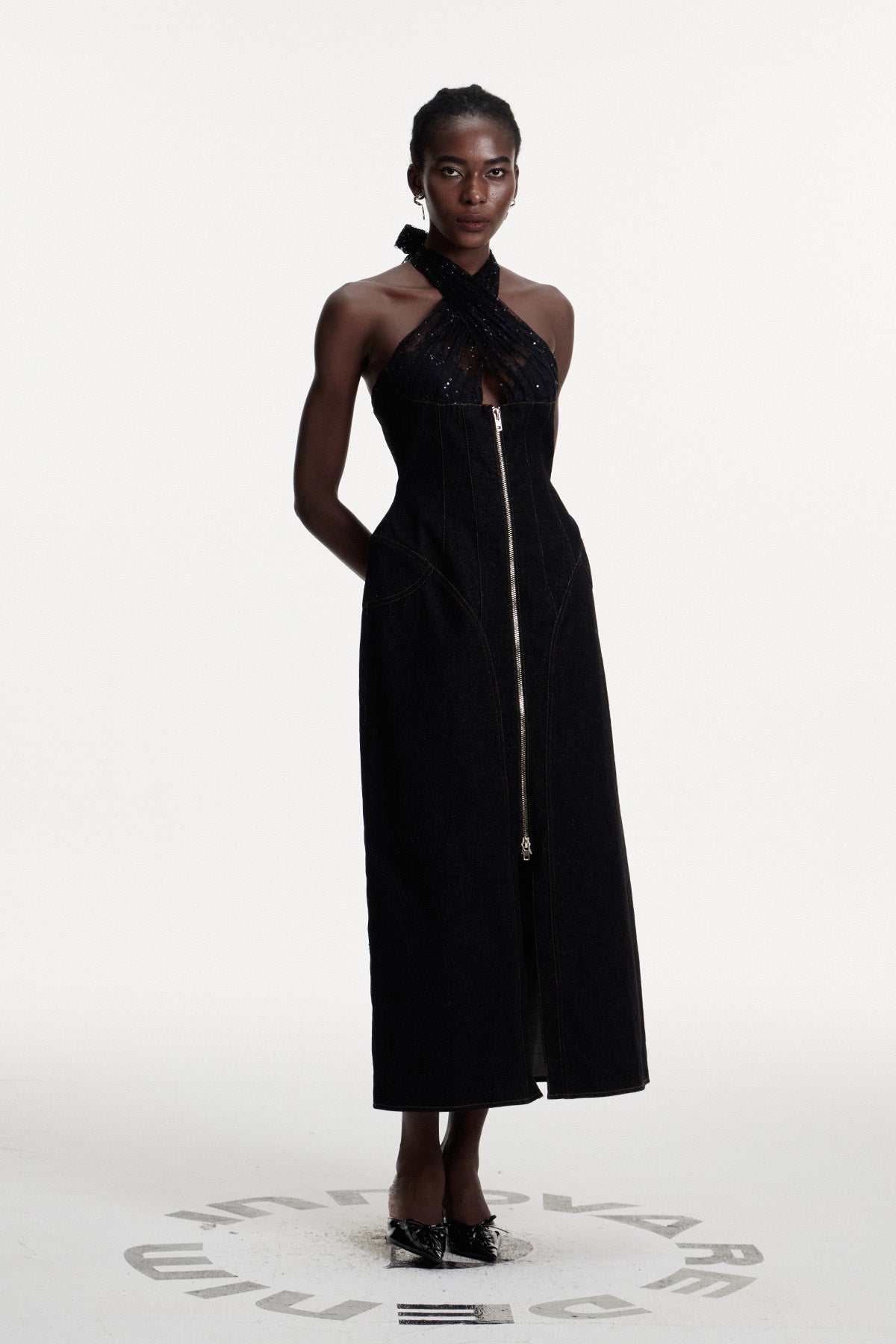 Connell Sequin Halter Neck Denim Maxi Dress