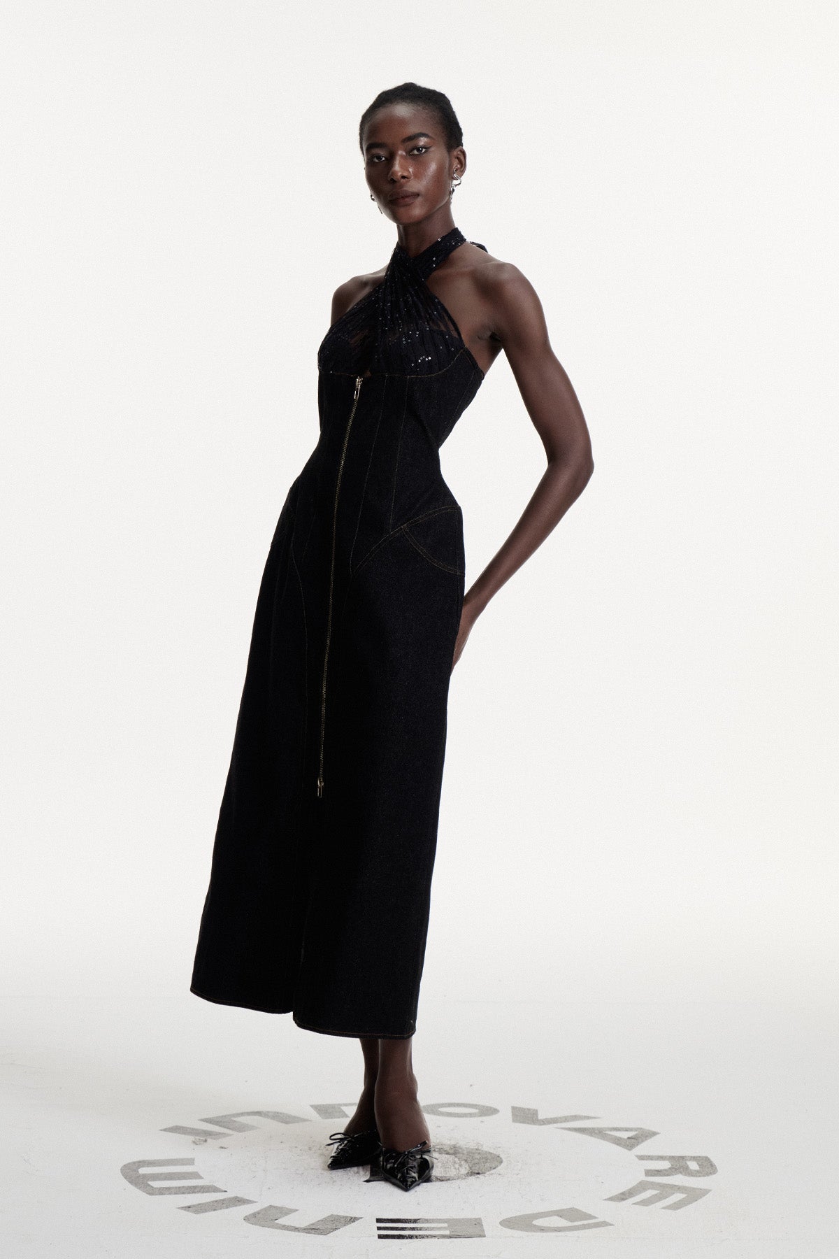 Connell Sequin Halter Neck Denim Maxi Dress