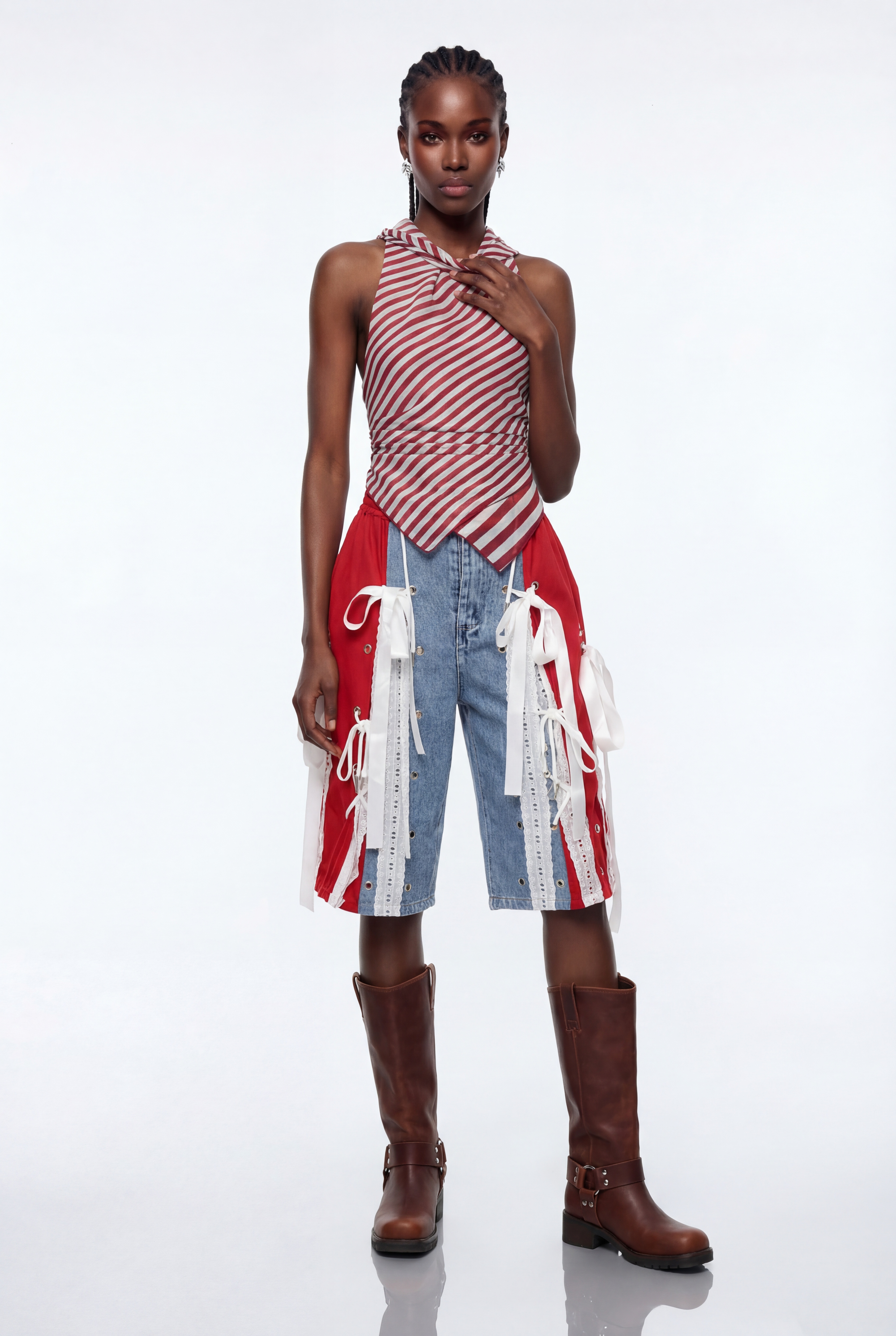 Conner Deconstruct Lace Up Midi Jeans In Red