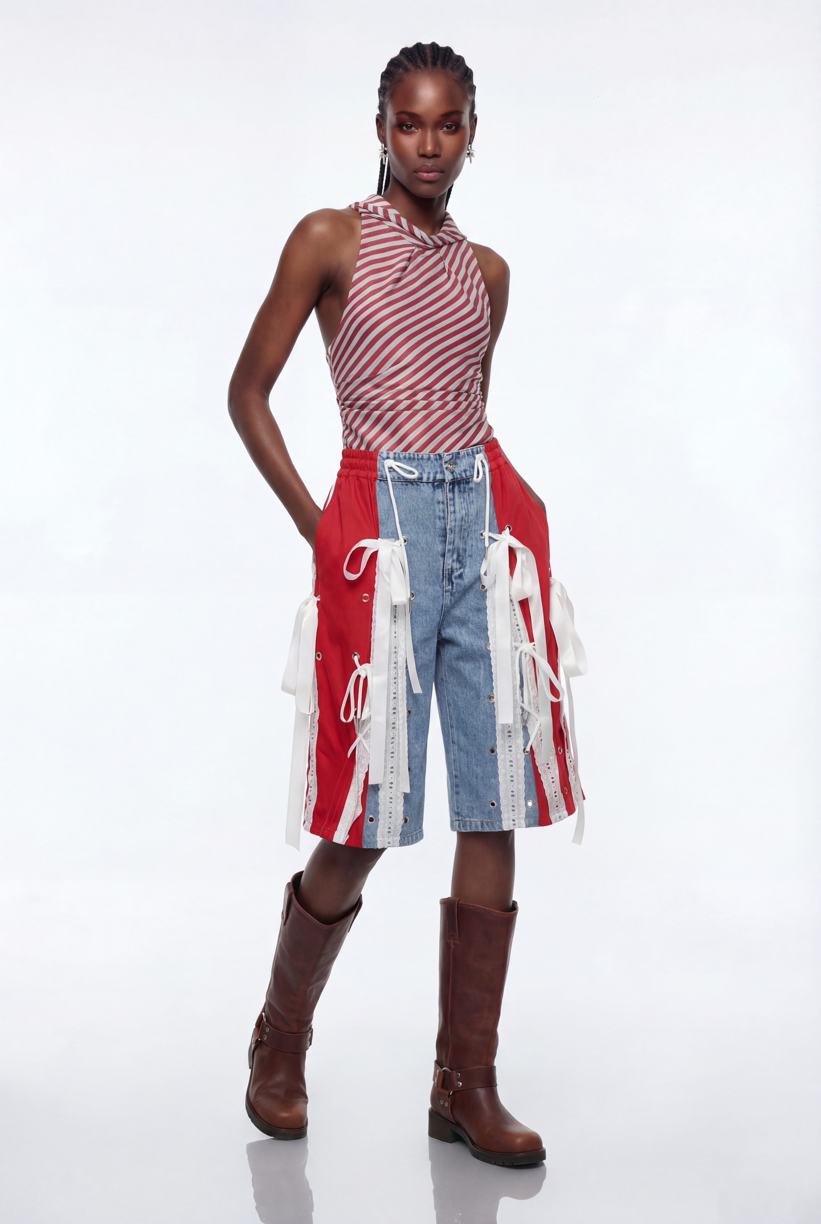 Conner Deconstruct Lace Up Midi Jeans In Red