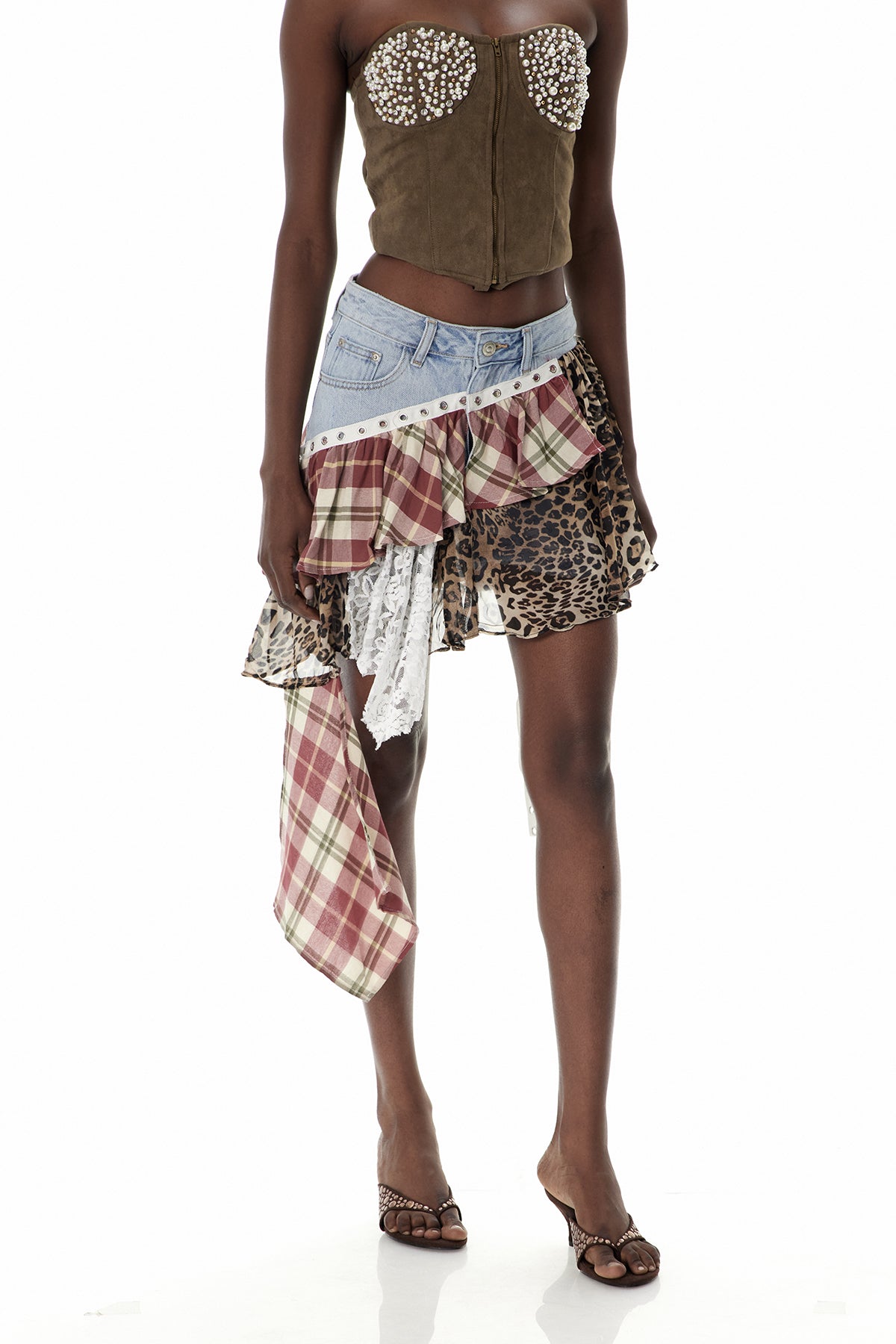 Cruella Patchwork Leopard Lace Mini Skirt