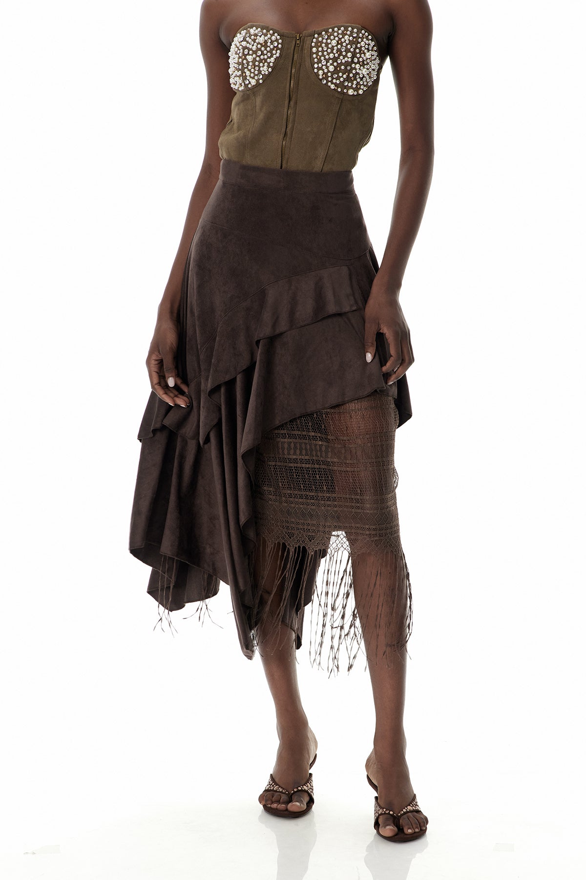 Cruz Suede Ruffle Lace Maxi Skirt