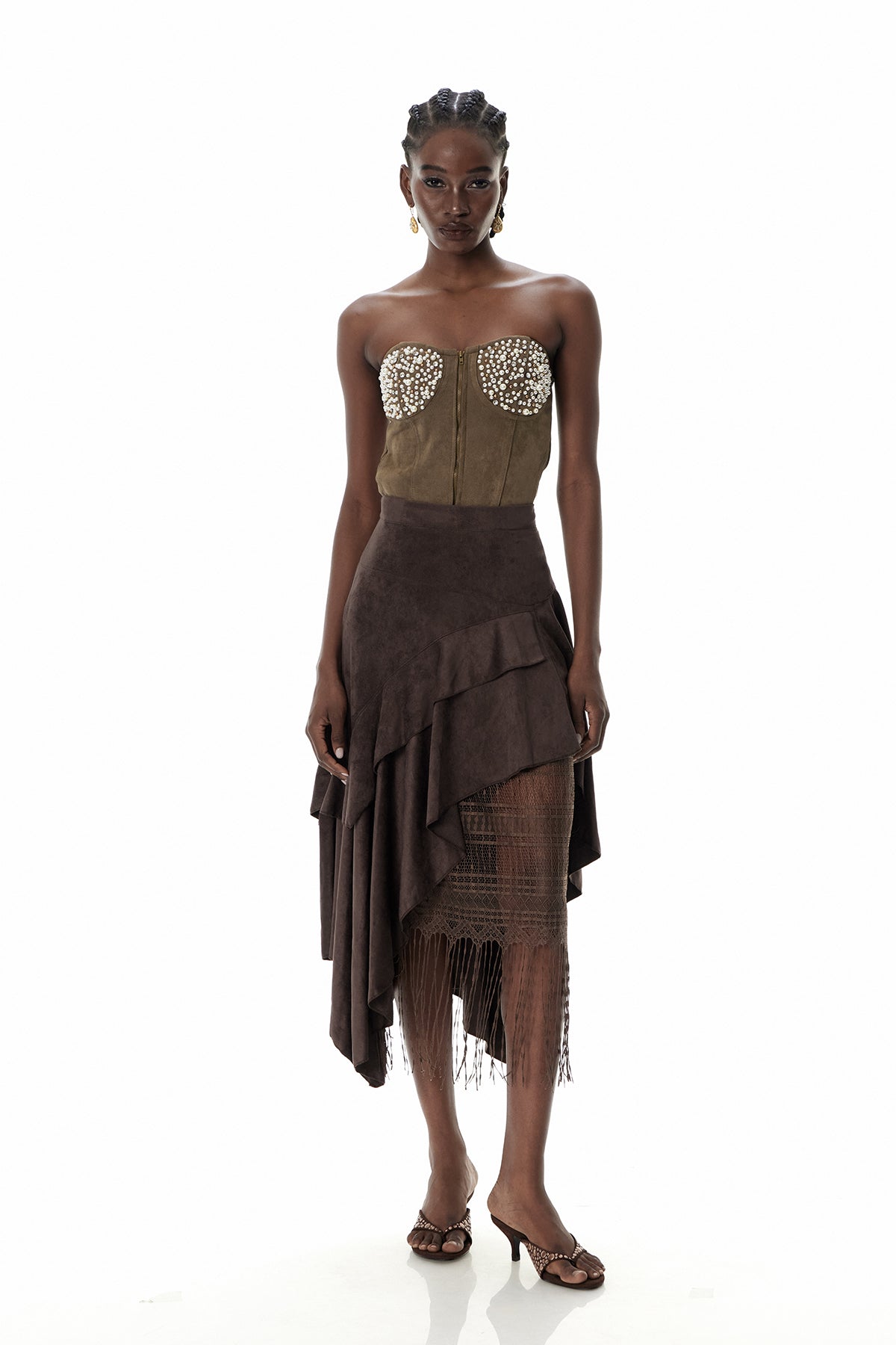 Cruz Suede Ruffle Lace Maxi Skirt