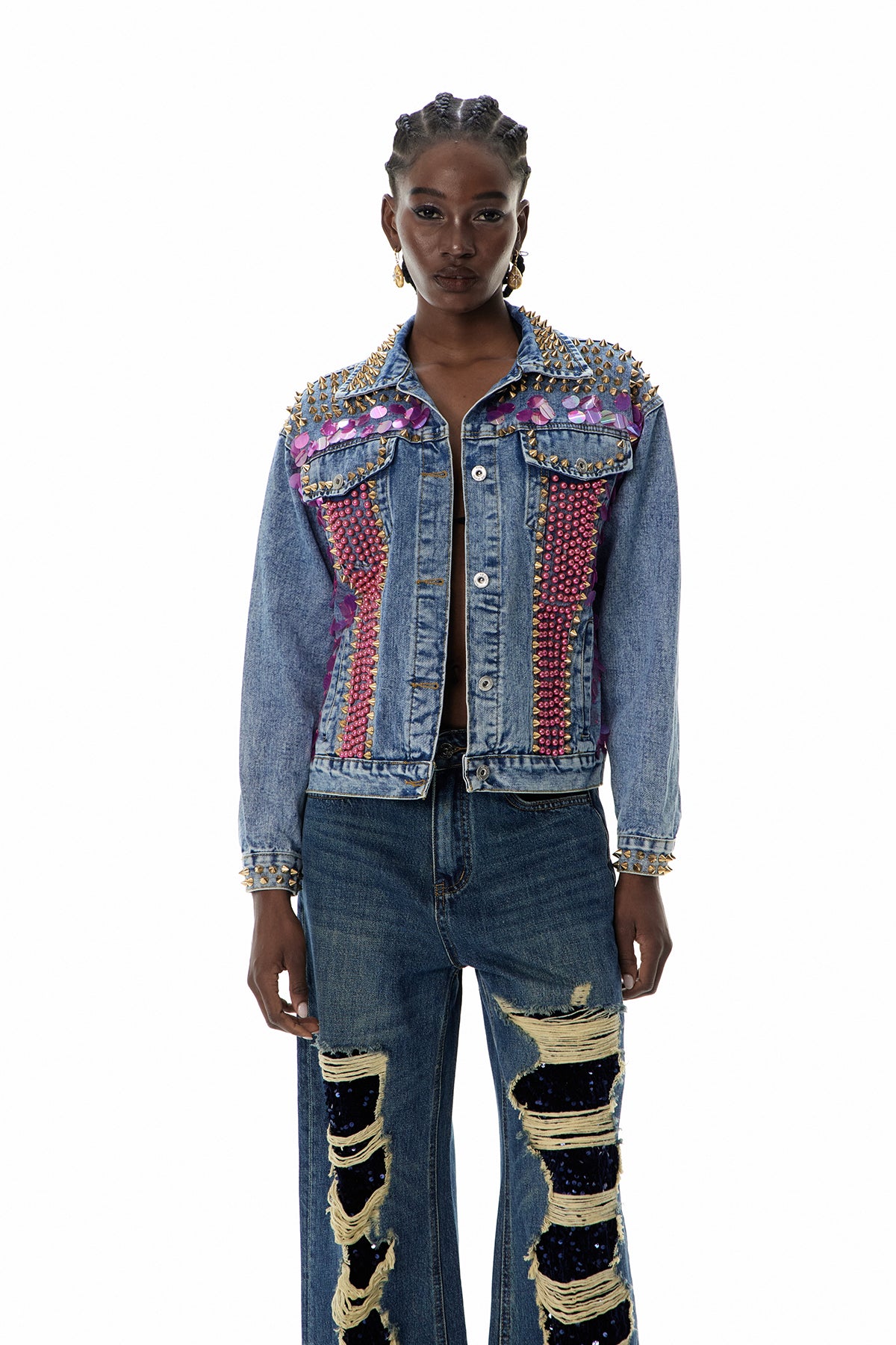 Cruzita Sequin Pearl Denim Jacket