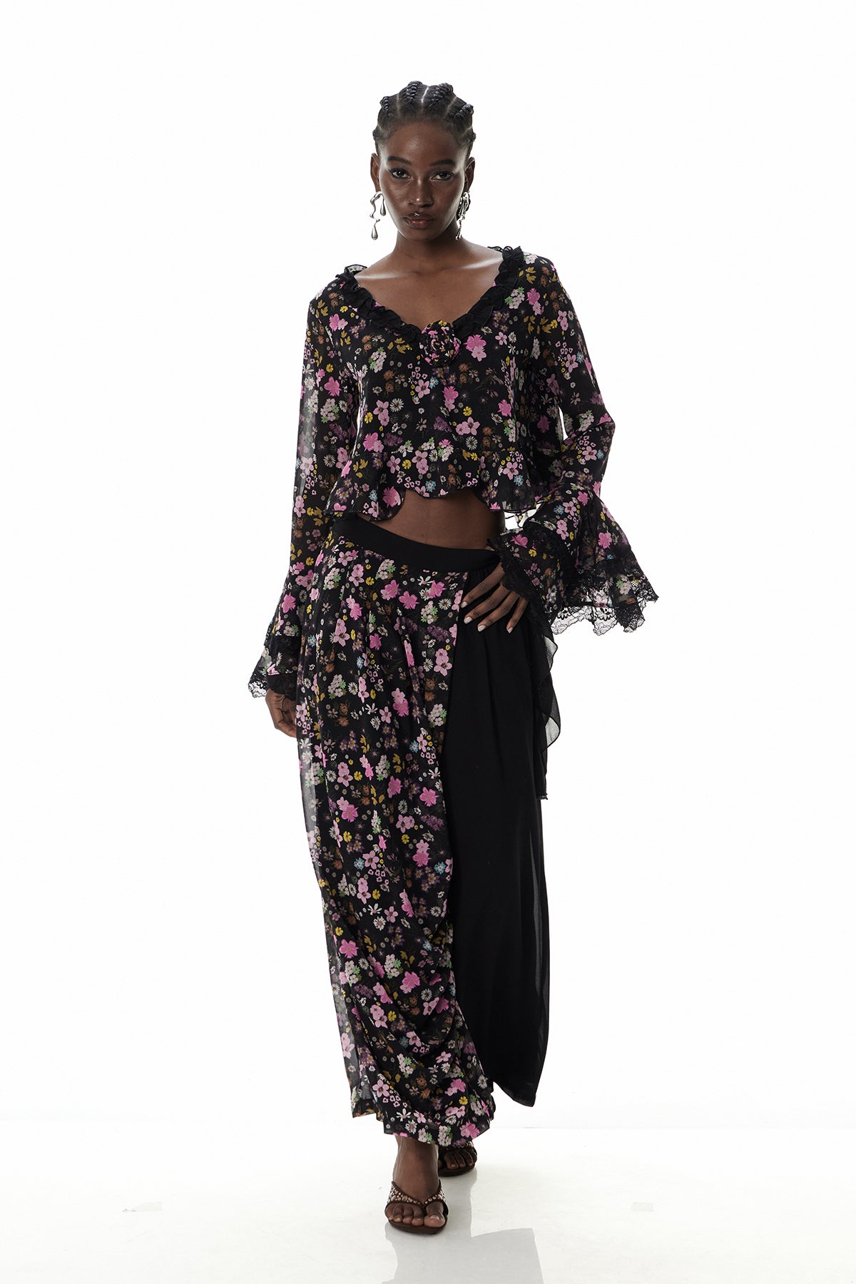 Cusmaan Floral Ruffle Pants Set