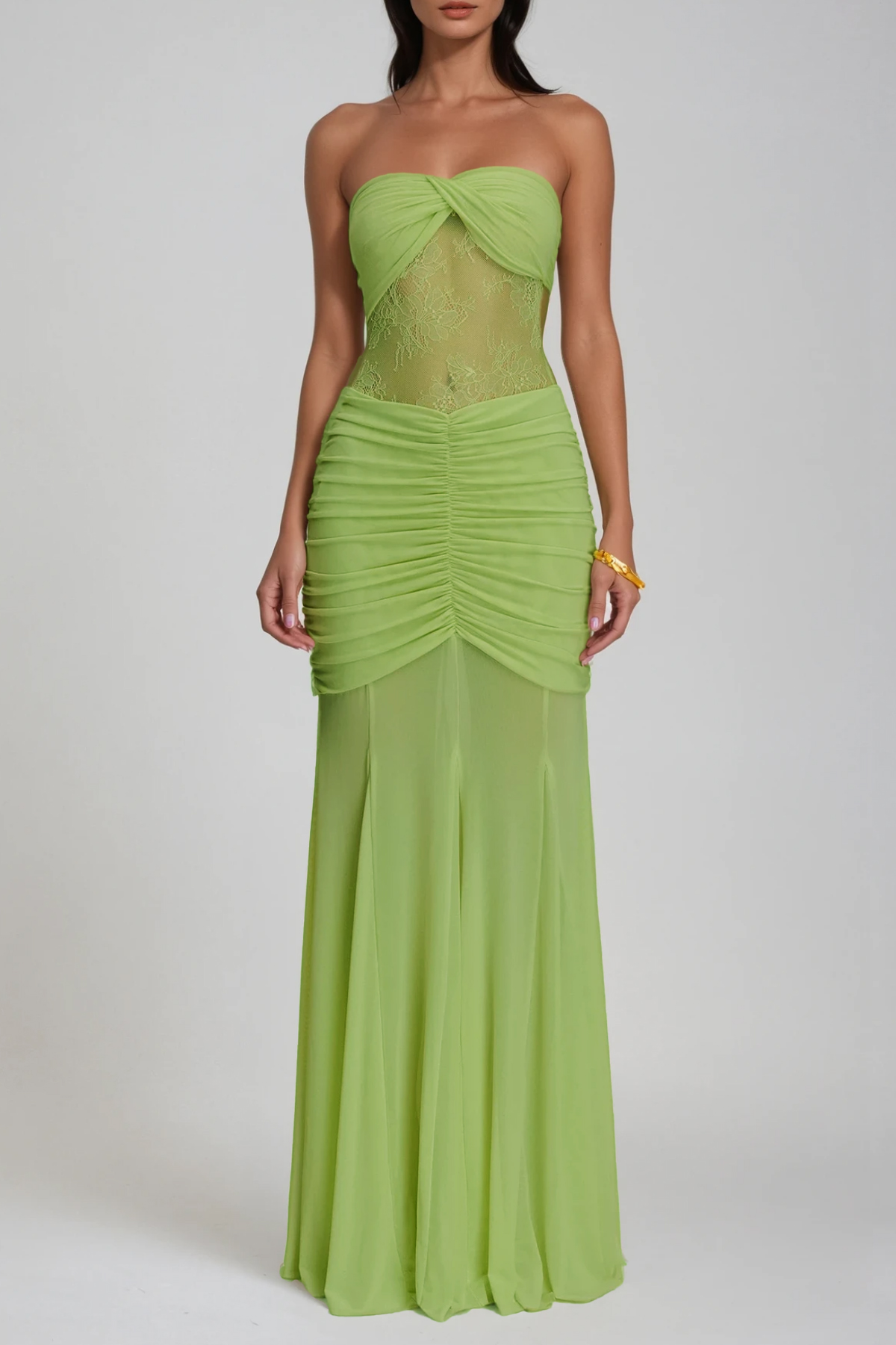 Daedalus Strapless Lace Ruch Maxi Dress