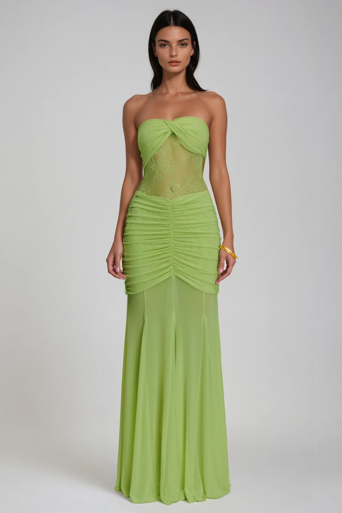 Daedalus Strapless Lace Ruch Maxi Dress