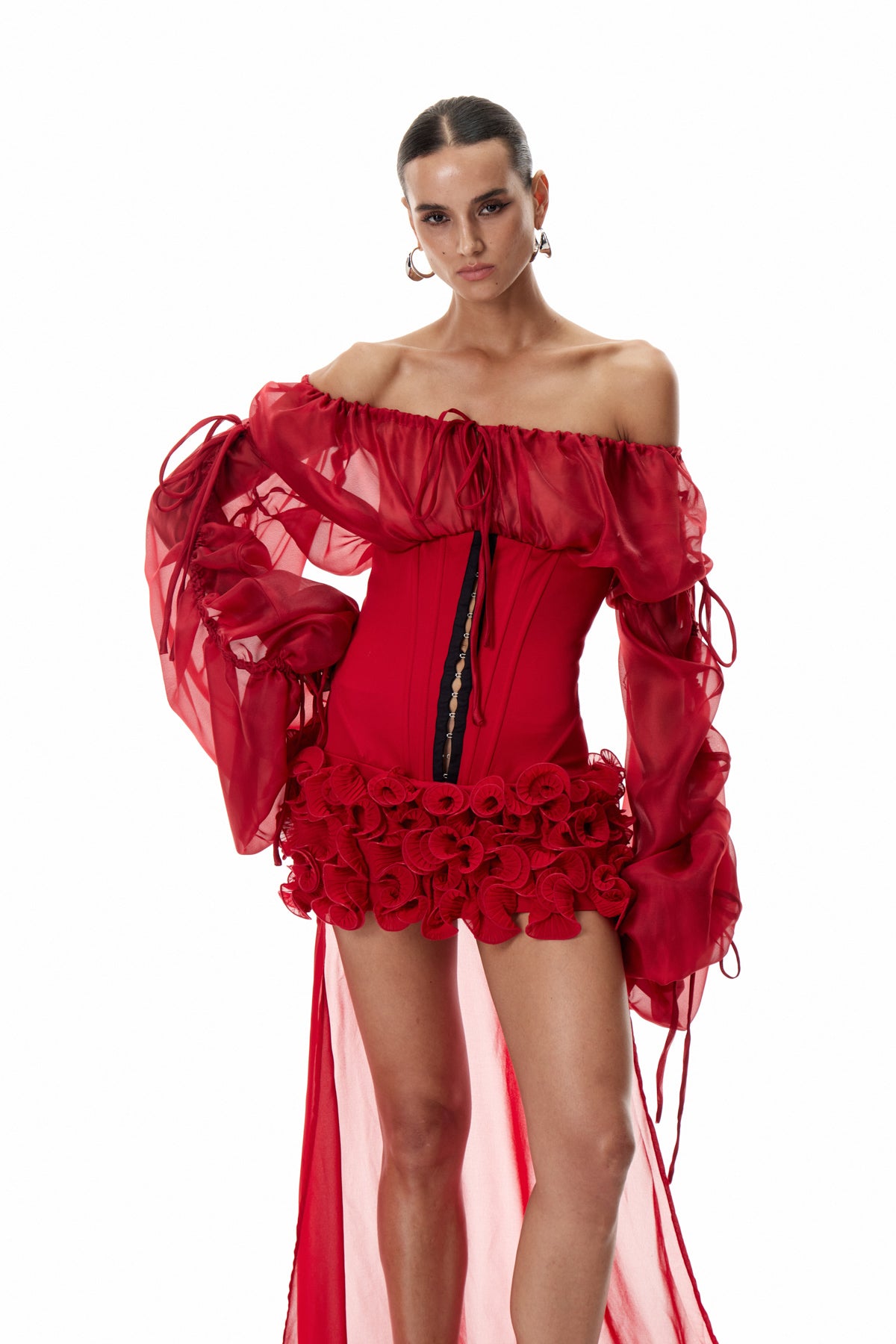 Dainius Off Shoulder Corset Ruffle Mini Dress In Red