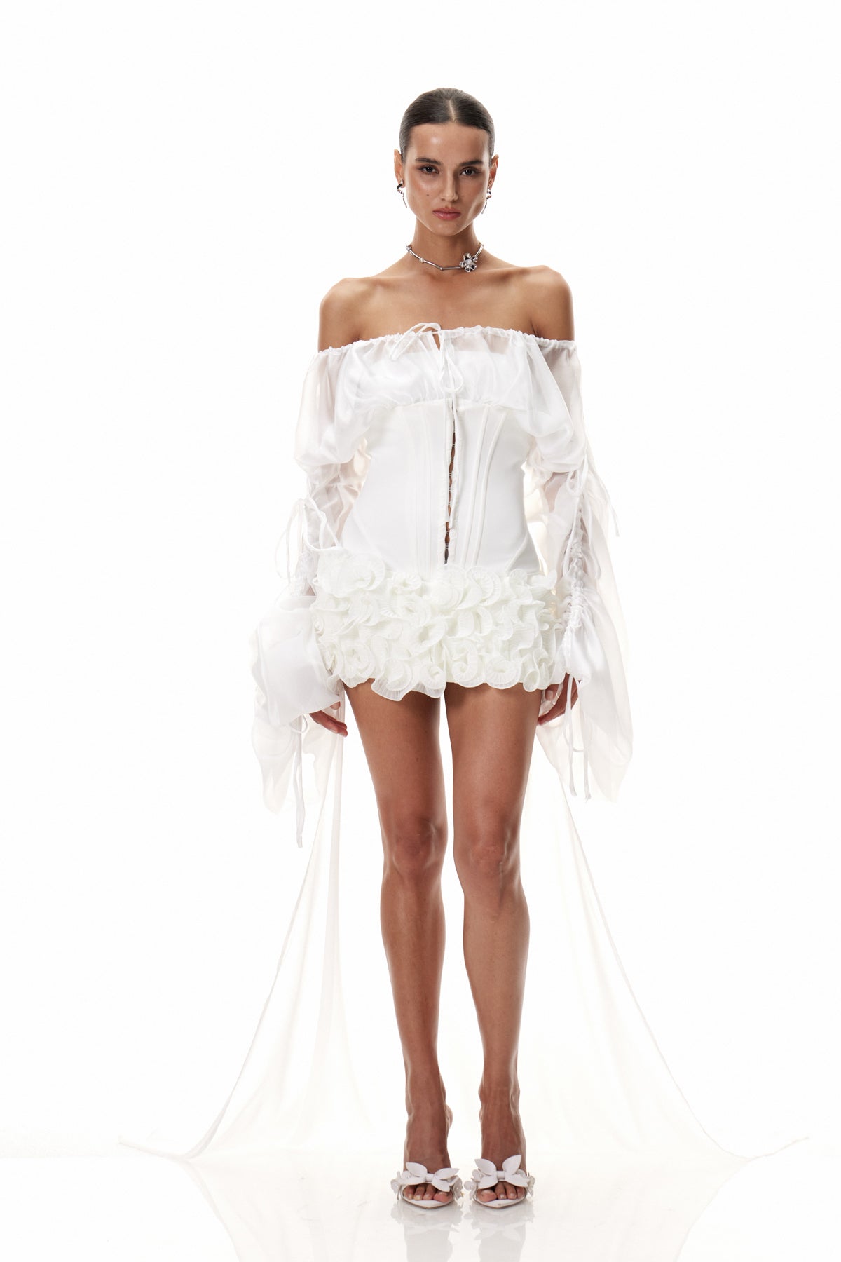 Dainius Off Shoulder Corset Ruffle Mini Dress In White