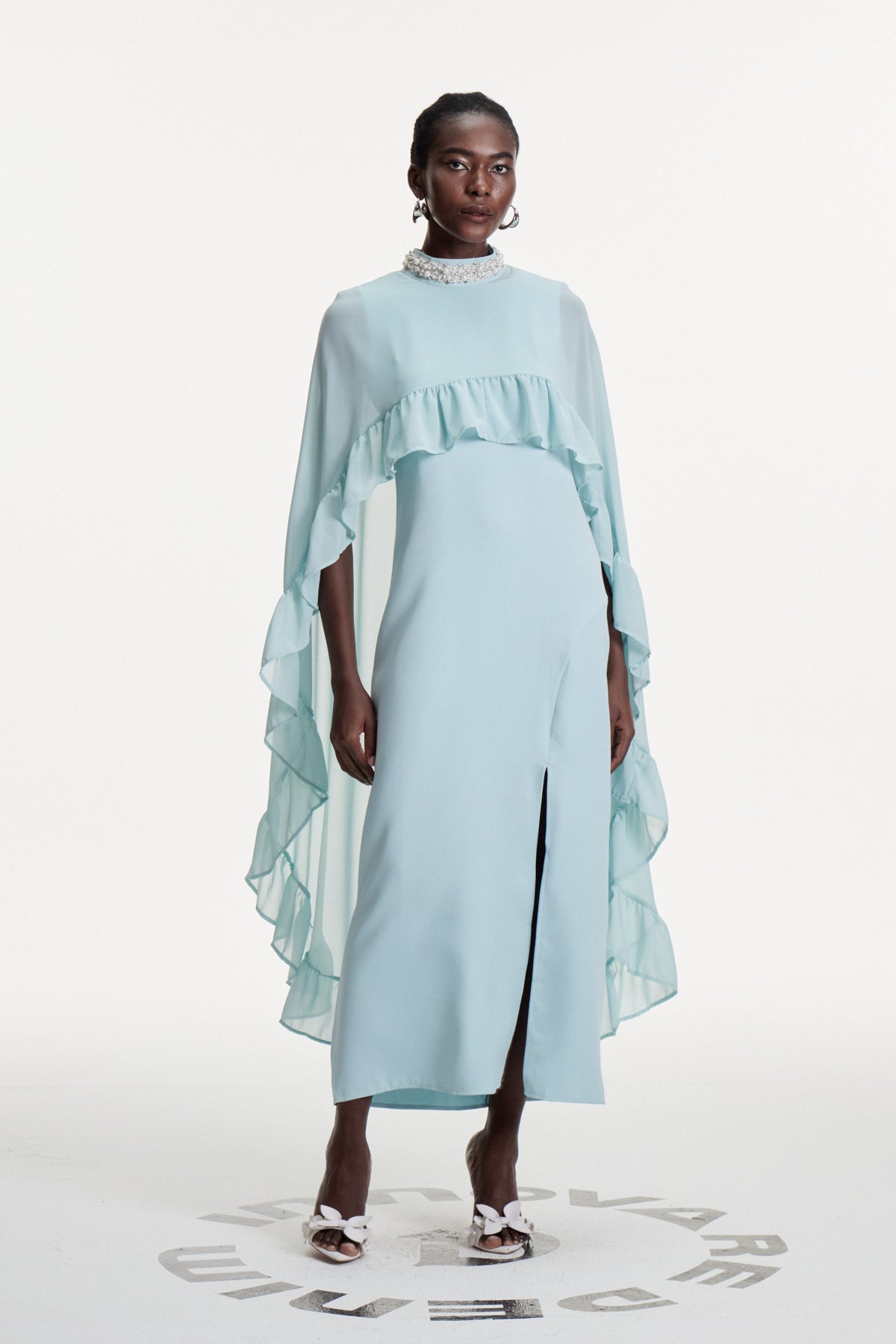 Damarion Pearl Ruffle Shawl Maxi Dress