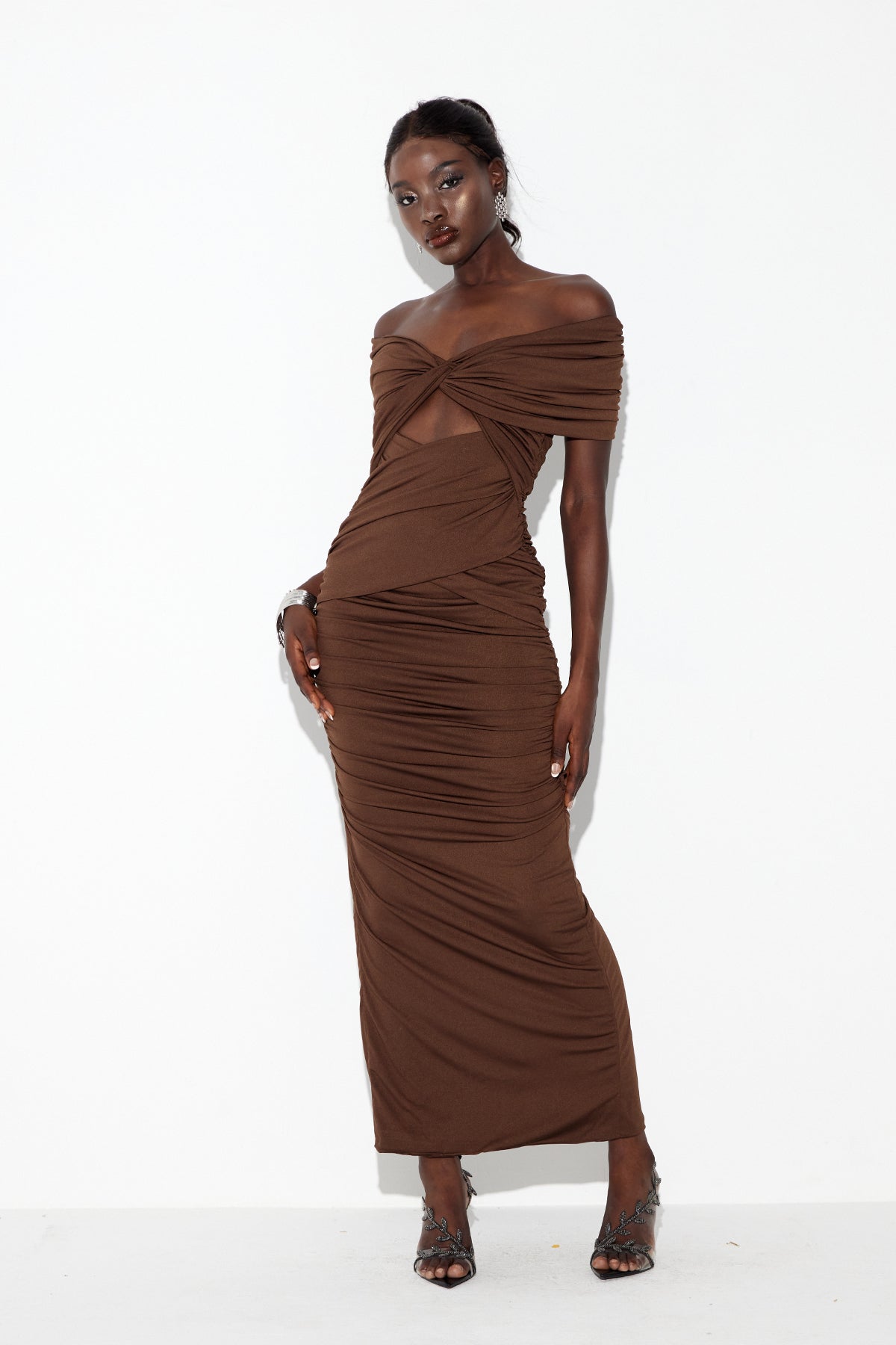 Danai Cutout Ruch Maxi Dress In Brown