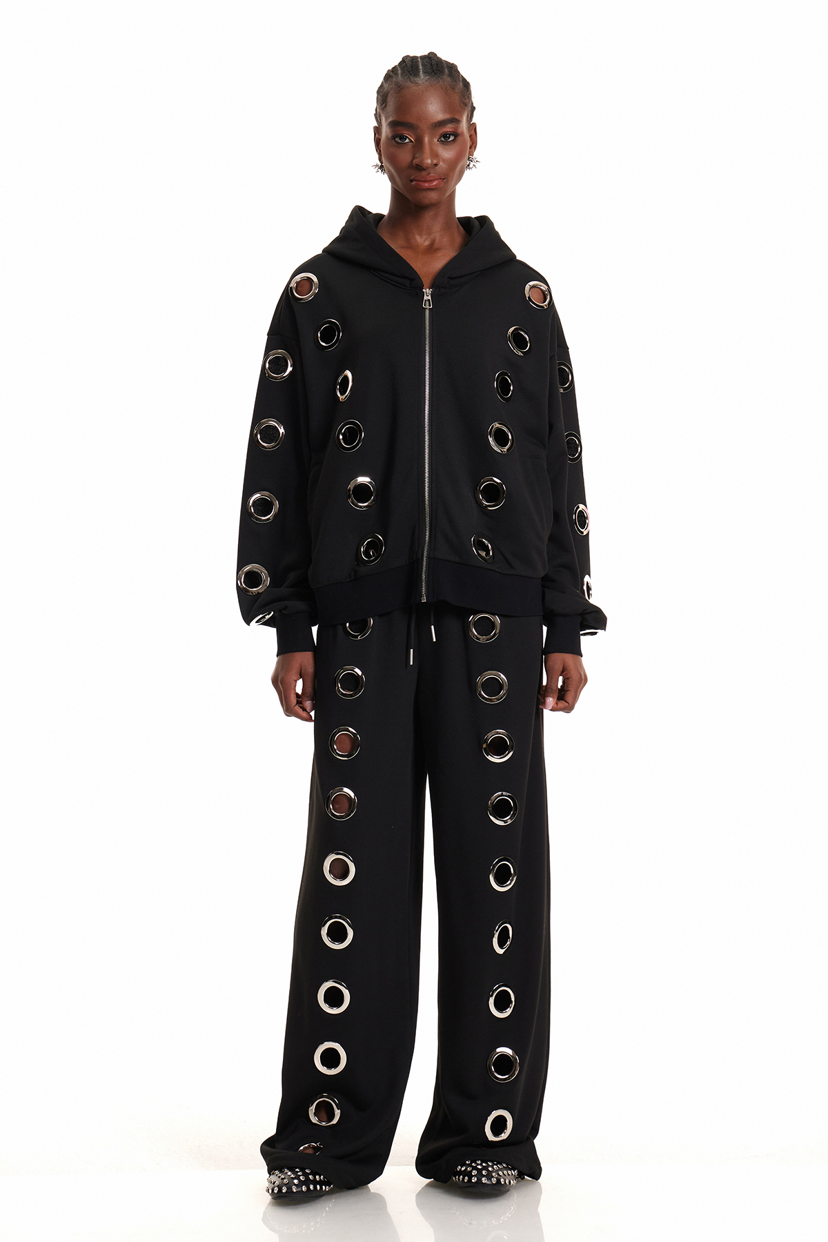 Daniyal Eyelet Hooded Pants Set In Black