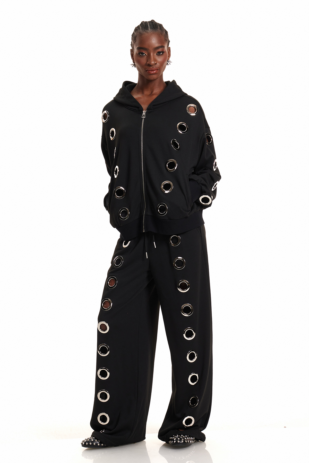 Daniyal Eyelet Hooded Pants Set In Black