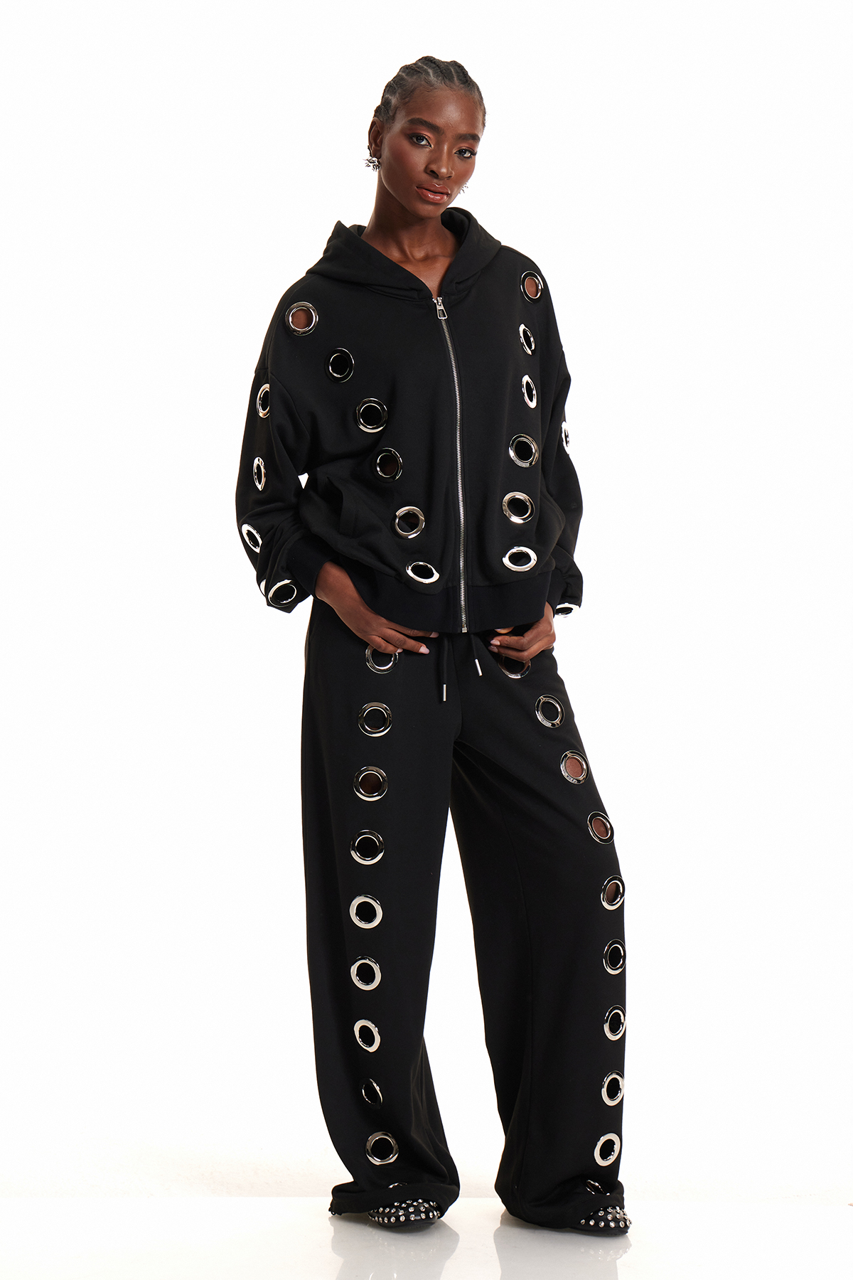 Daniyal Eyelet Hooded Pants Set In Black