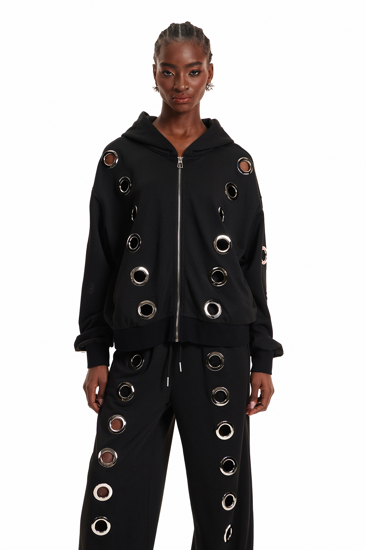 Daniyal Eyelet Hooded Pants Set In Black