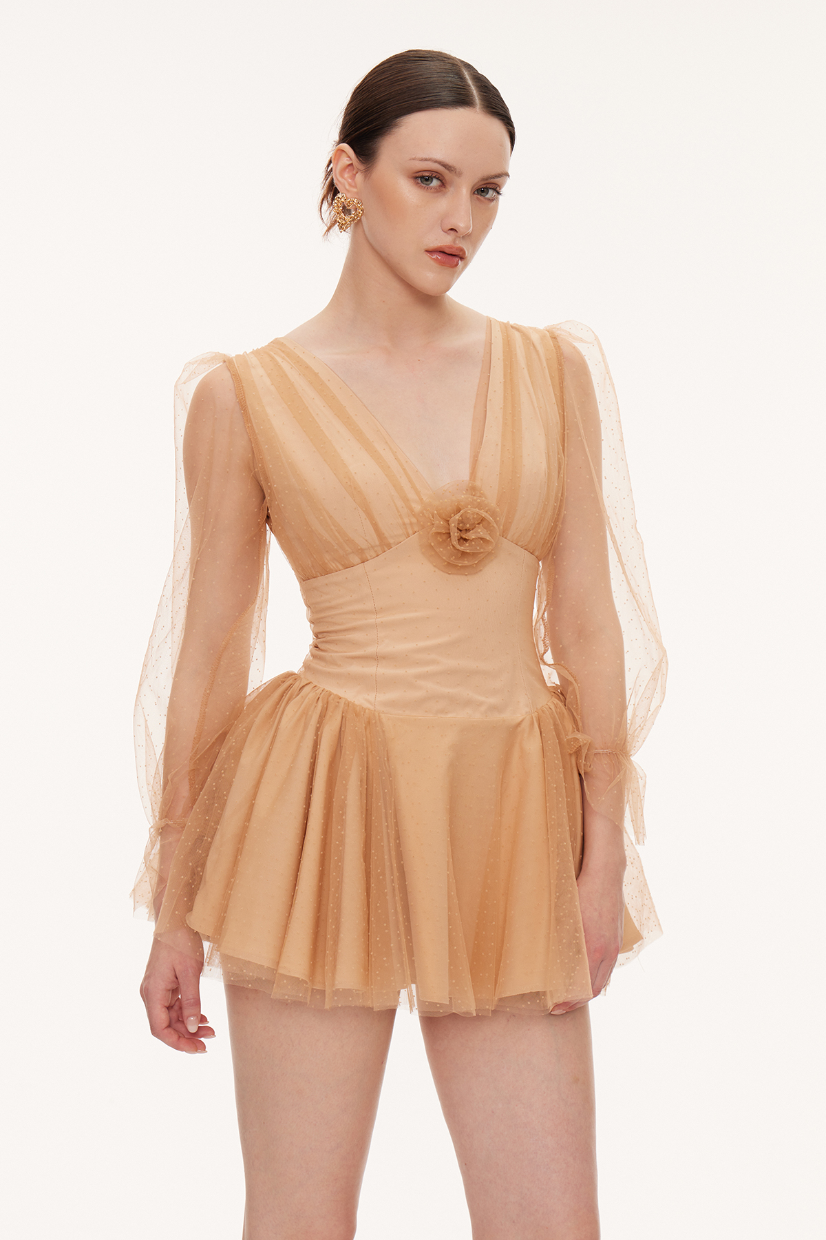 Danyal Flower Balloon Sleeve Mesh Mini Dress