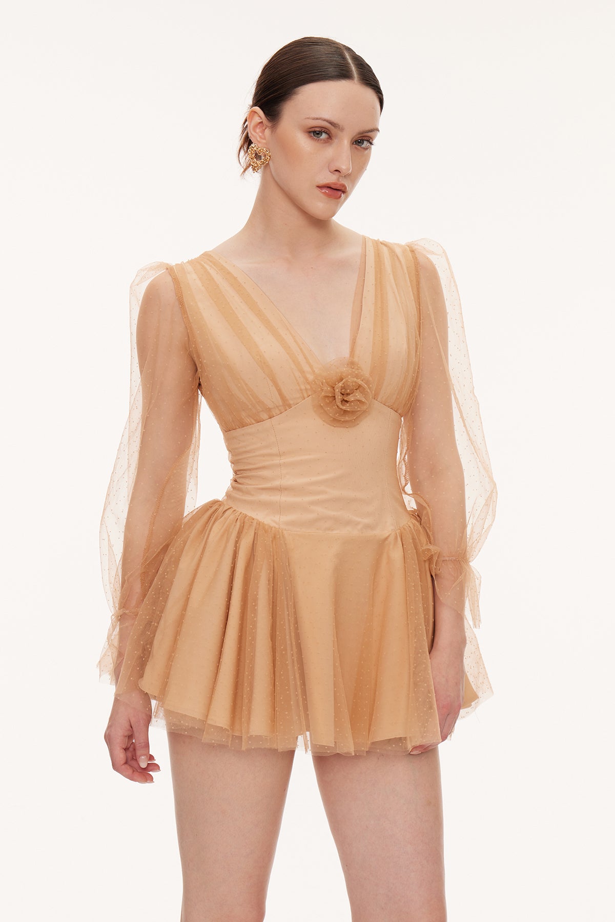 Danyal Flower Balloon Sleeve Mesh Mini Dress