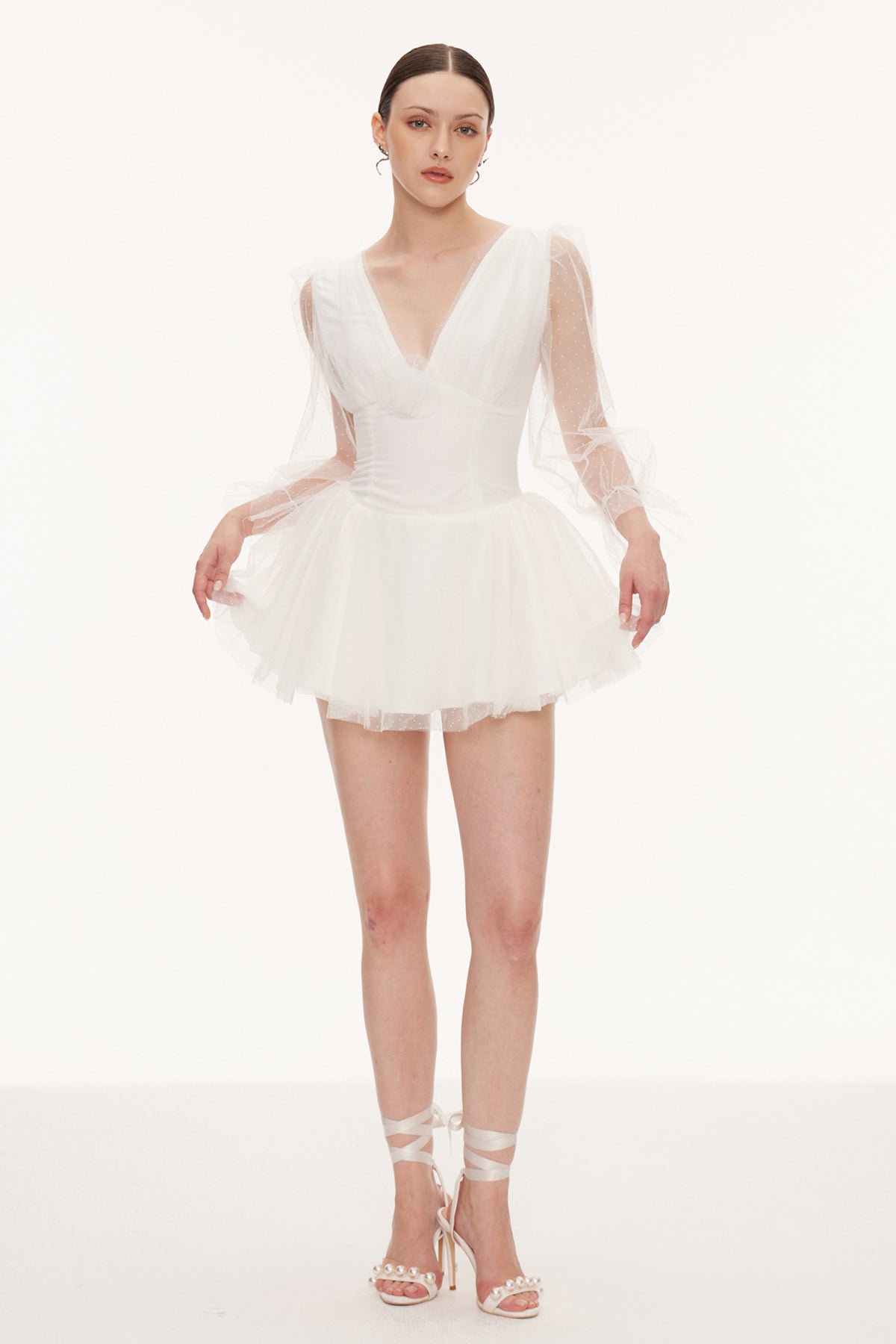 Danyal Flower Balloon Sleeve Mesh Mini Dress In White