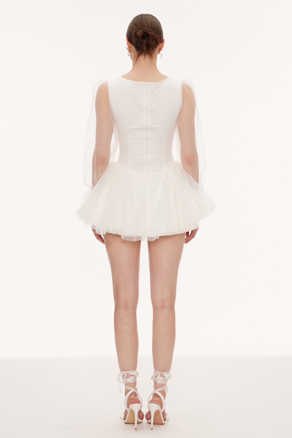 Danyal Flower Balloon Sleeve Mesh Mini Dress In White