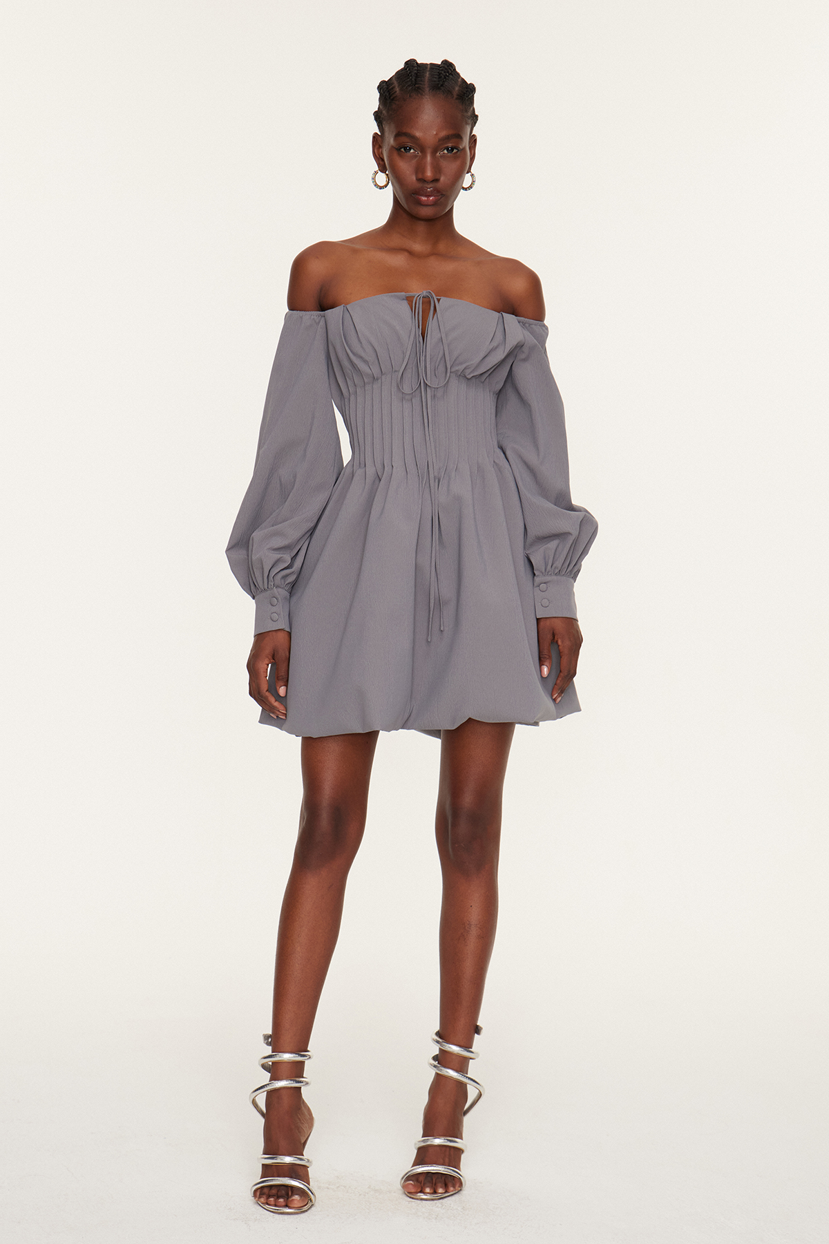 Daoud Off Shoulder Ruch Mini Dress In Grey