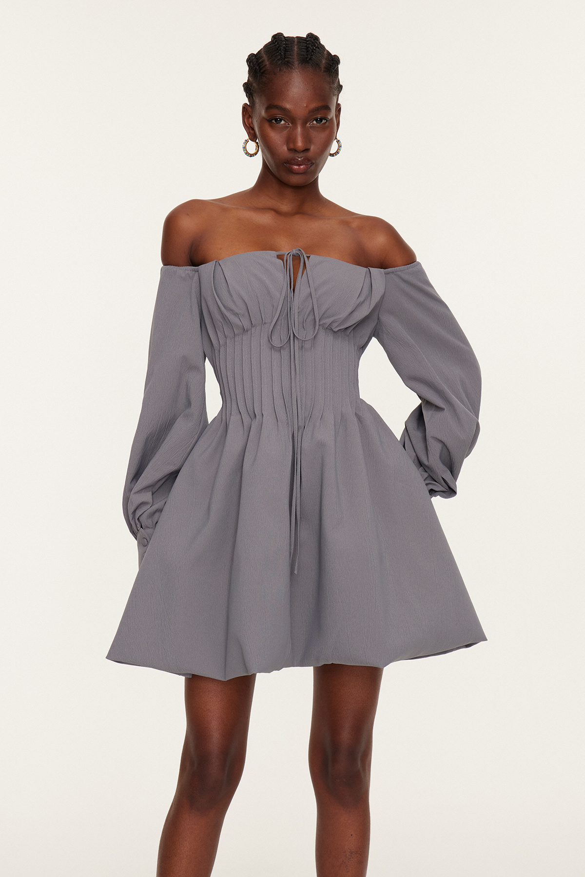 Daoud Off Shoulder Ruch Mini Dress In Grey