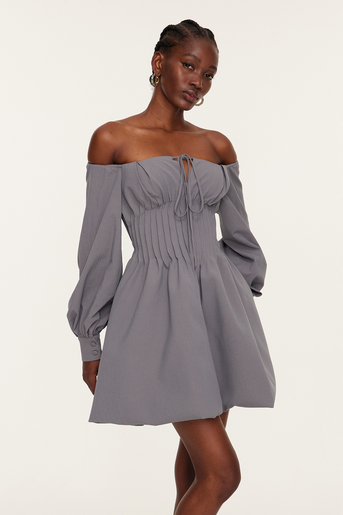 Daoud Off Shoulder Ruch Mini Dress In Grey