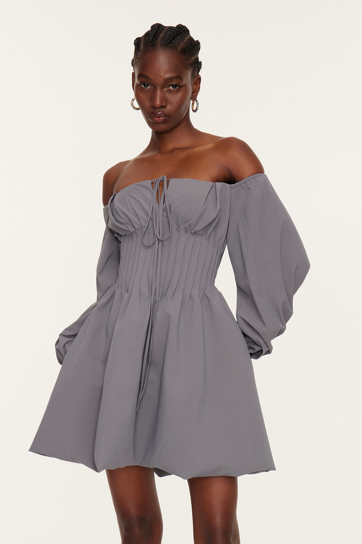 Daoud Off Shoulder Ruch Mini Dress In Grey