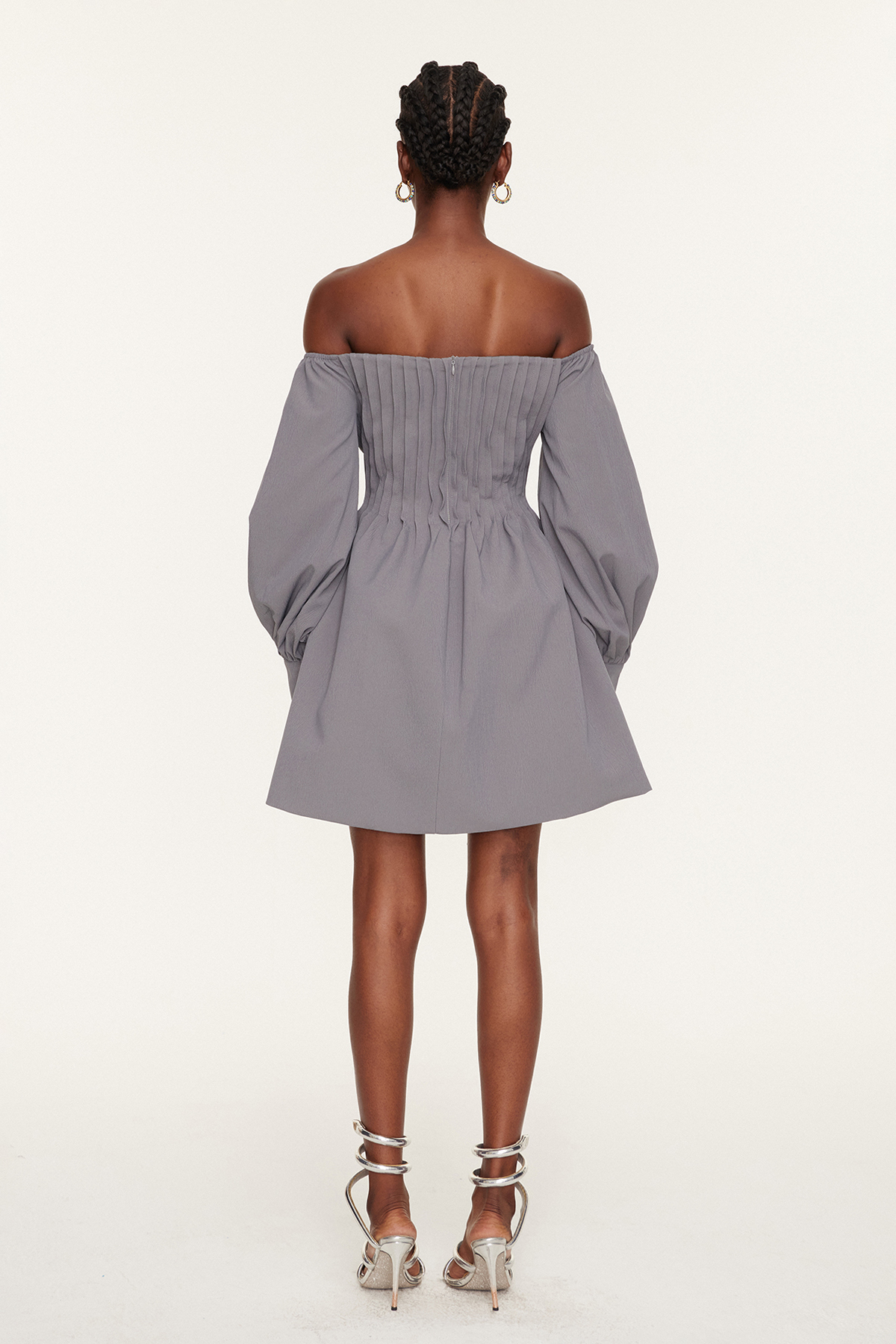 Daoud Off Shoulder Ruch Mini Dress In Grey