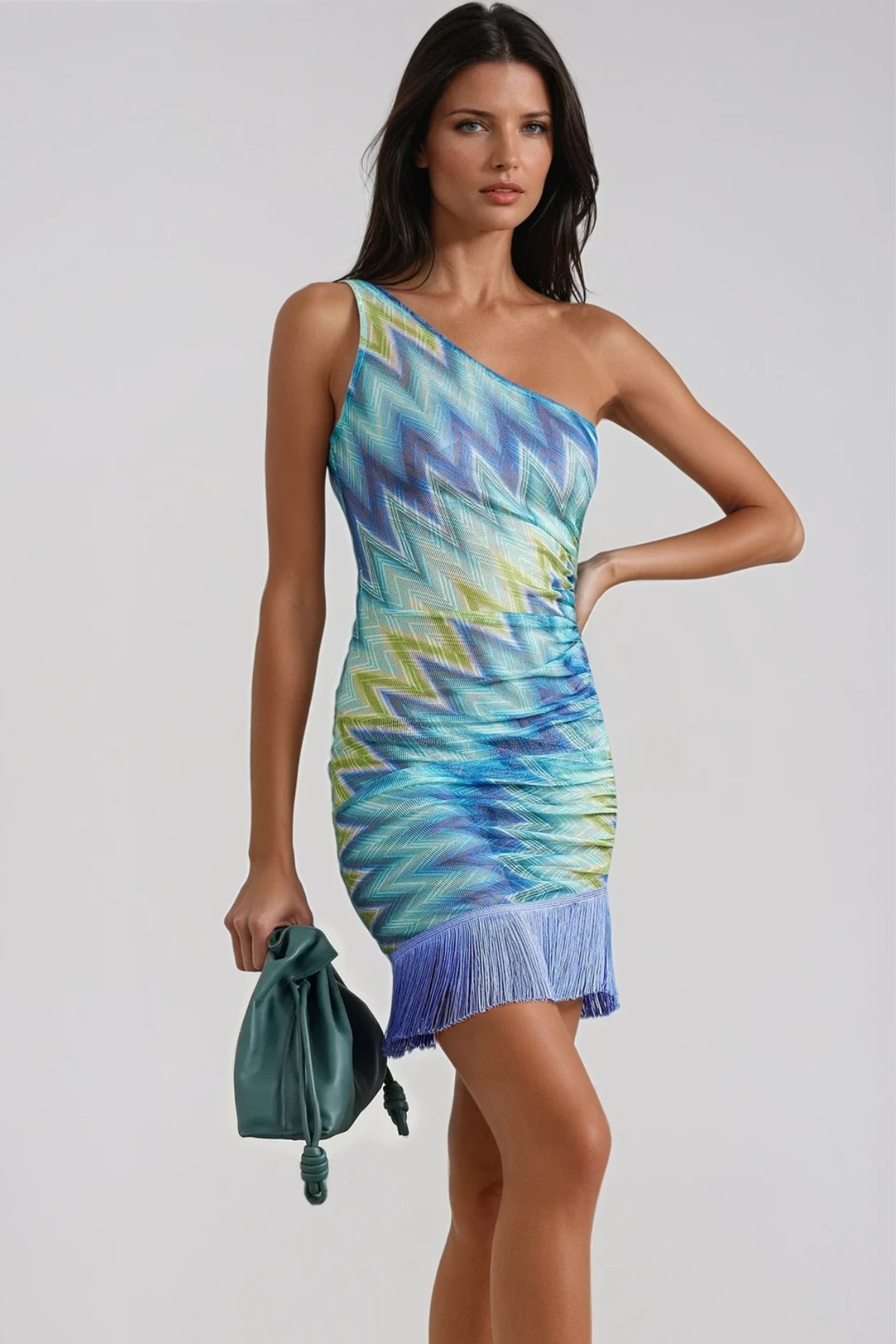 Daouda One Shoulder Fringe Mini Dress In Blue