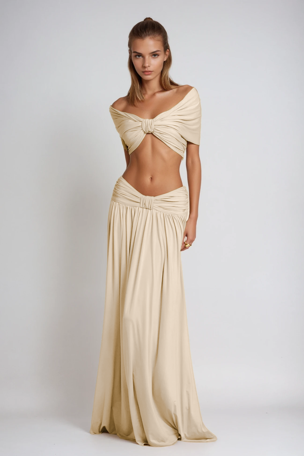 Darijus Off Shoulder Ruch Skirt Set