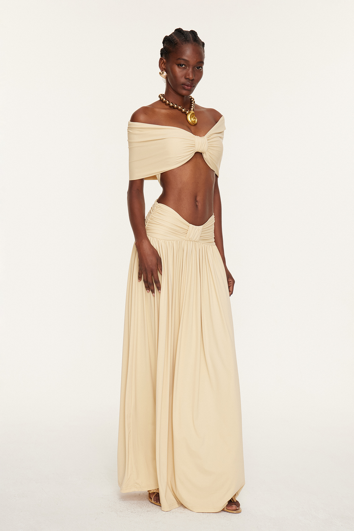 Darijus Off Shoulder Ruch Skirt Set