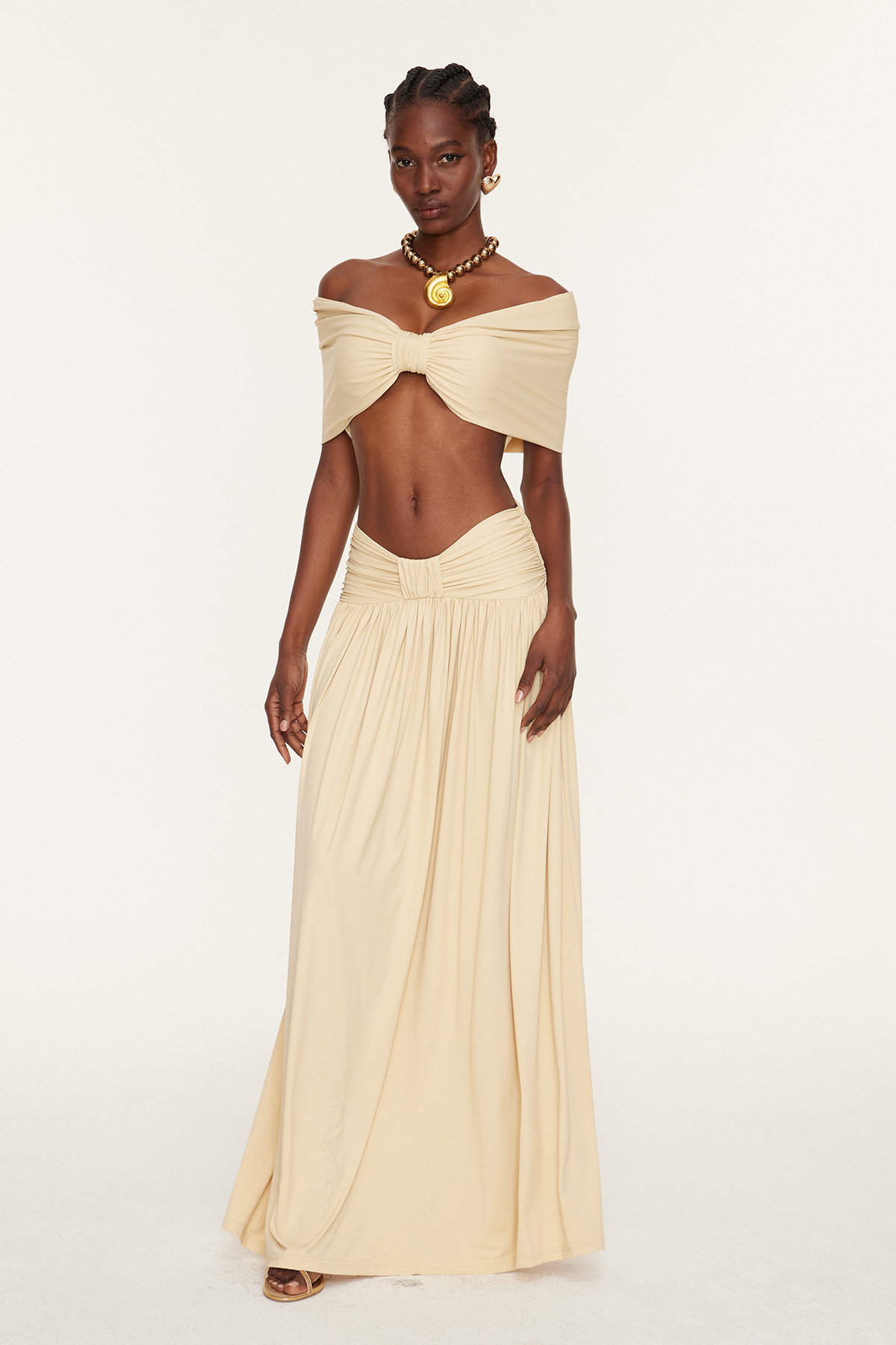 Darijus Off Shoulder Ruch Skirt Set