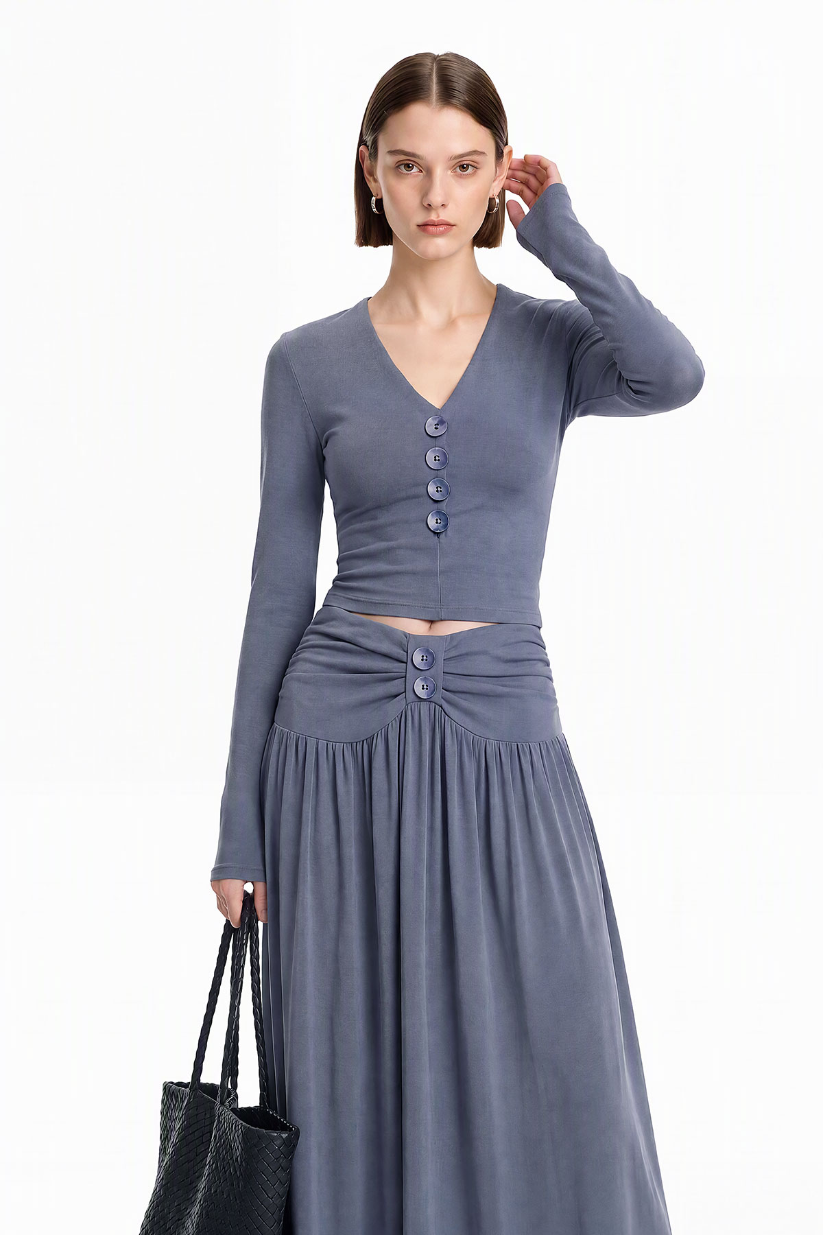 Darijus V Neck Ruch Skirt Set