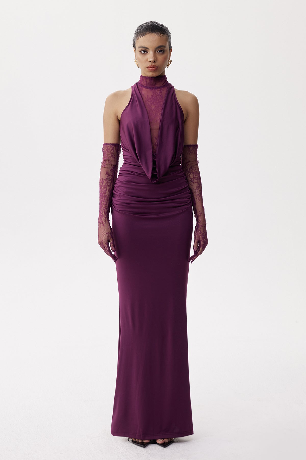 Darleen Cowl Neck Ruch Lace Maxi Dress In Purple