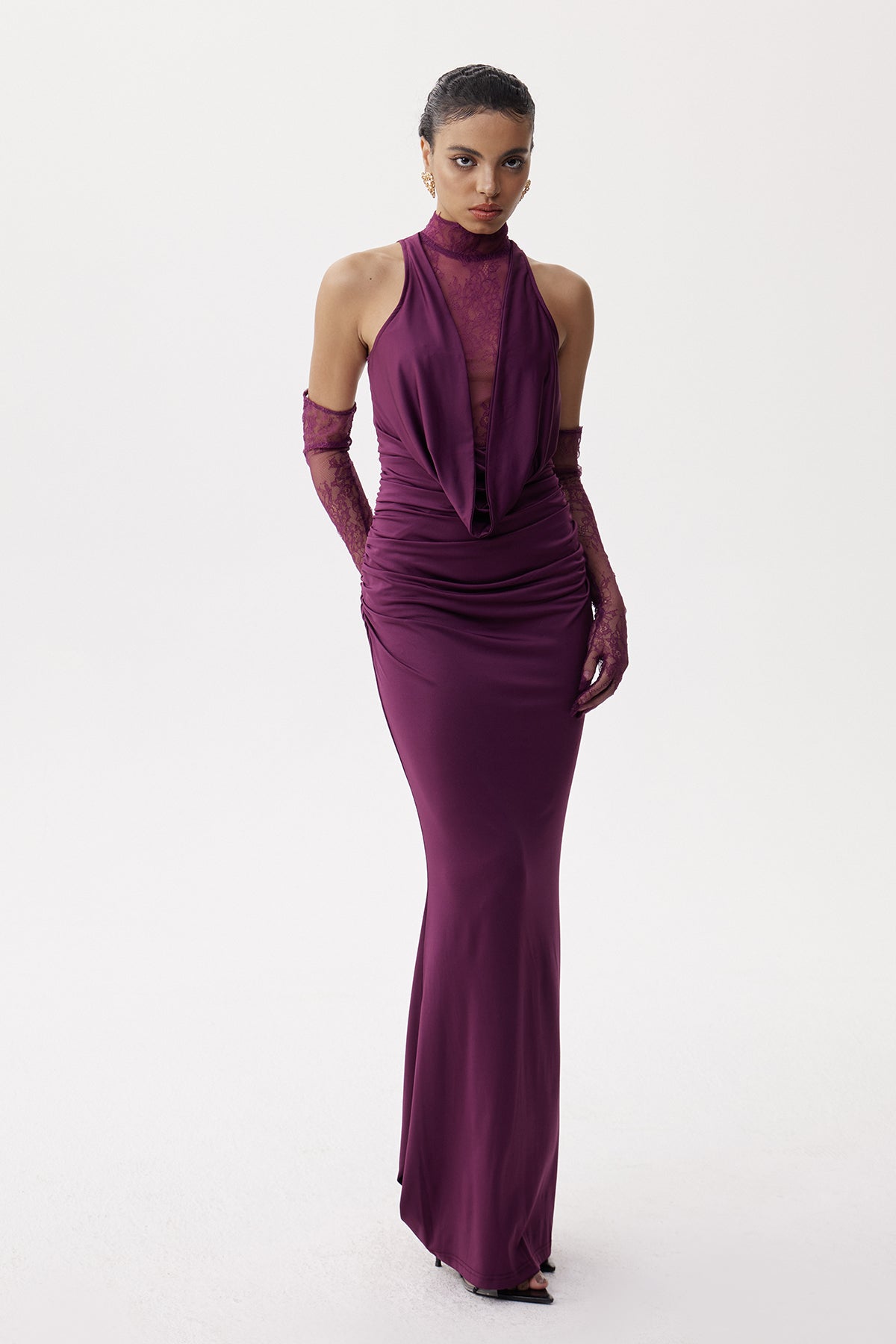 Darleen Cowl Neck Ruch Lace Maxi Dress In Purple