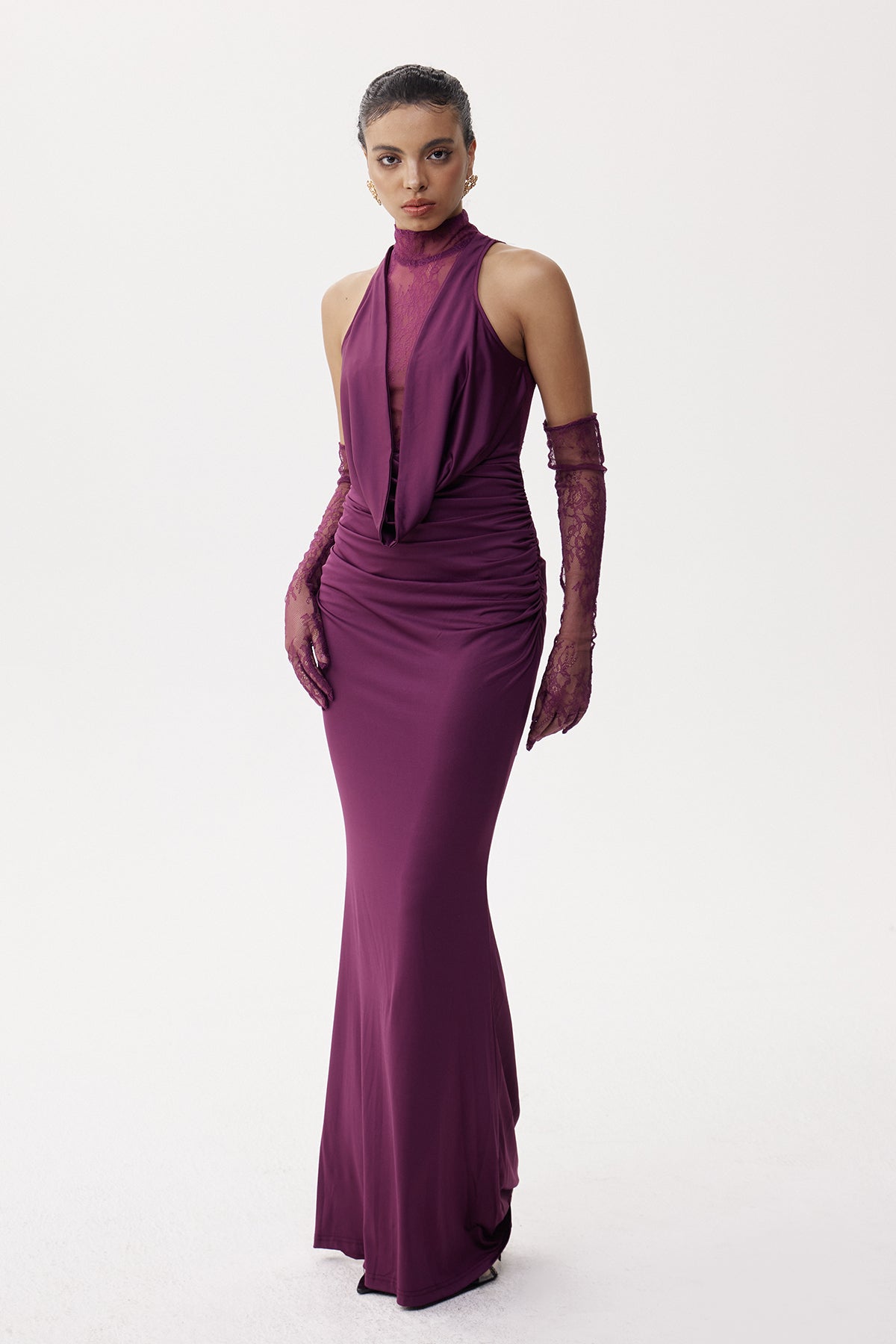Darleen Cowl Neck Ruch Lace Maxi Dress In Purple