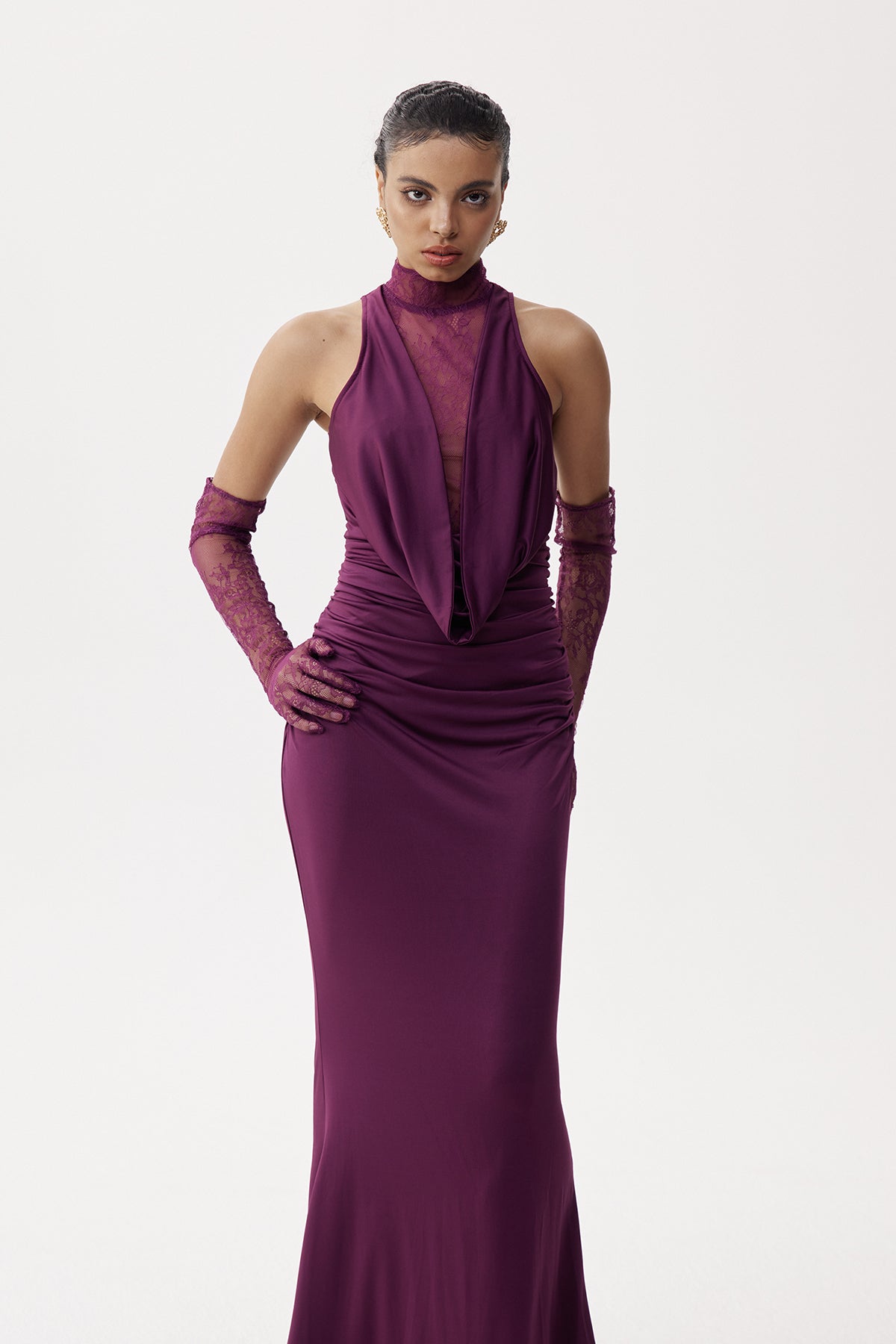 Darleen Cowl Neck Ruch Lace Maxi Dress In Purple
