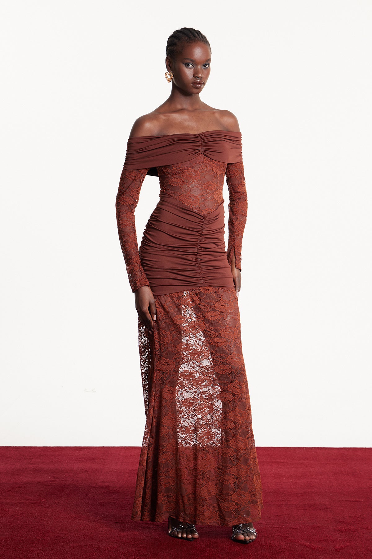 Darlene Strapless Ruch Lace Maxi Dress